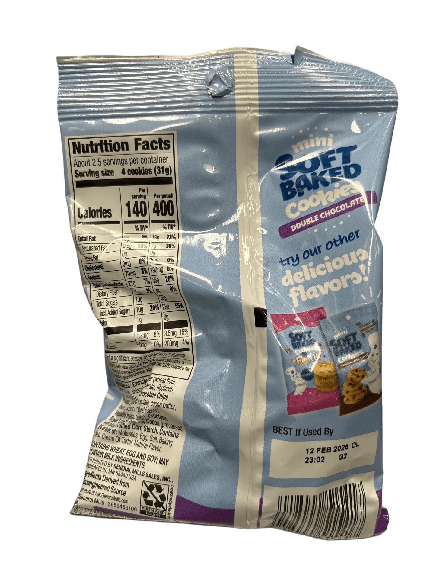 Back of mini soft baked double chocolate cookies snack bag with nutrition facts