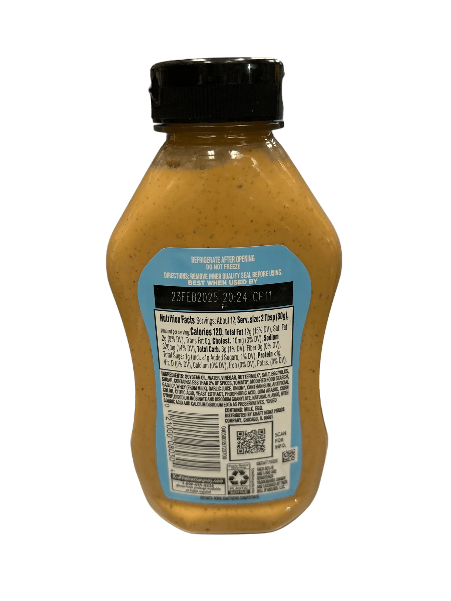Back of bottled sauce with nutrition facts and ingredients label, black cap, blue background.
