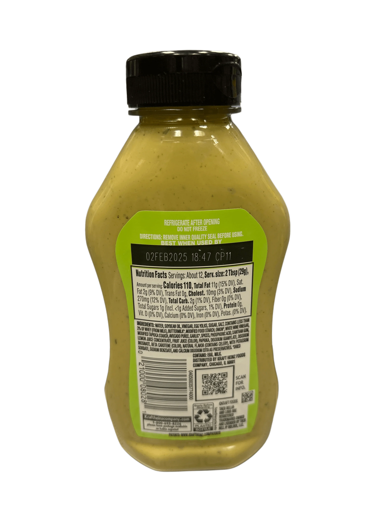 Back of yellow sauce bottle with black cap, nutrition facts label, and green instructions panel