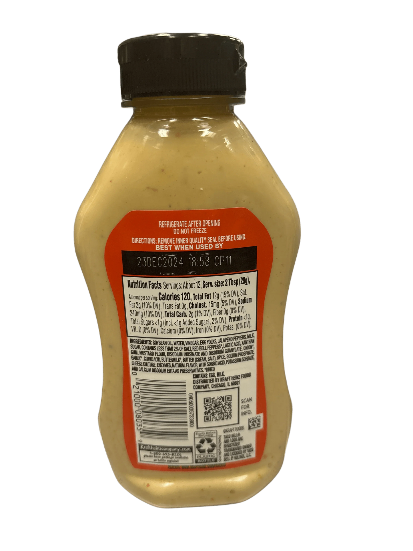 Back of bottled spicy snack sauce with nutrition label and ingredients list visible
