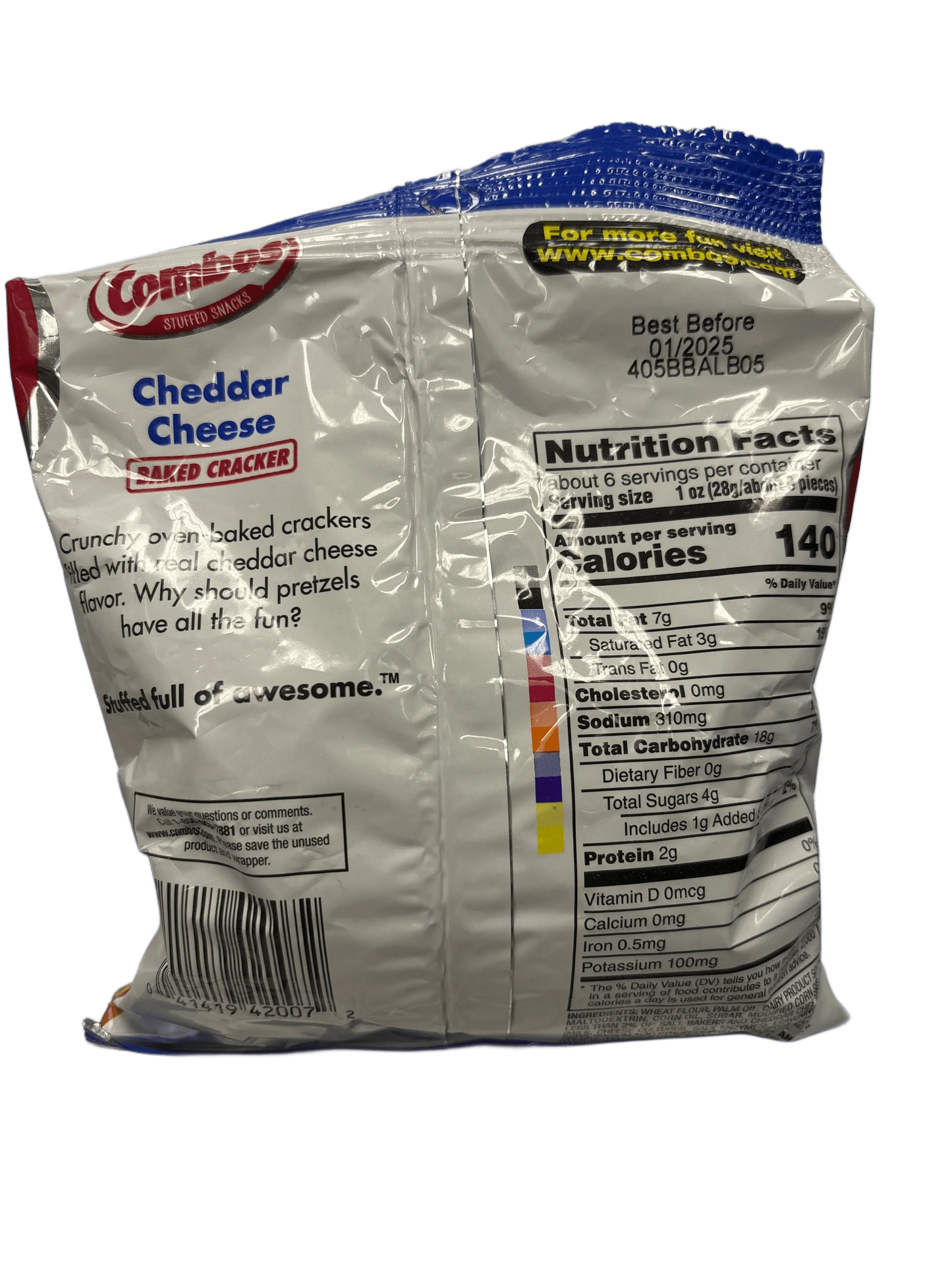 Back of Combos Cheddar Cheese Baked Cracker snack bag with nutrition facts and barcode