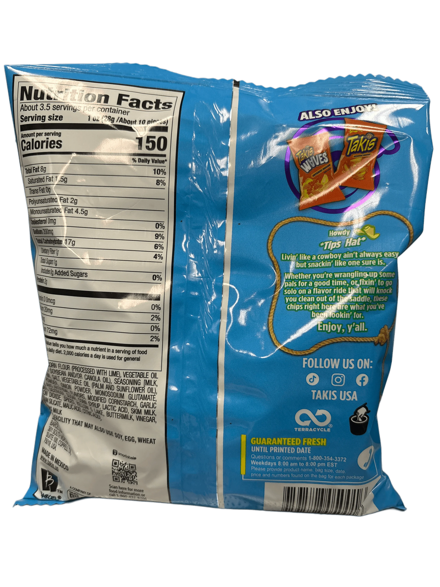 Back of Takis Waves chips bag showing nutrition facts, ingredients, and social media links