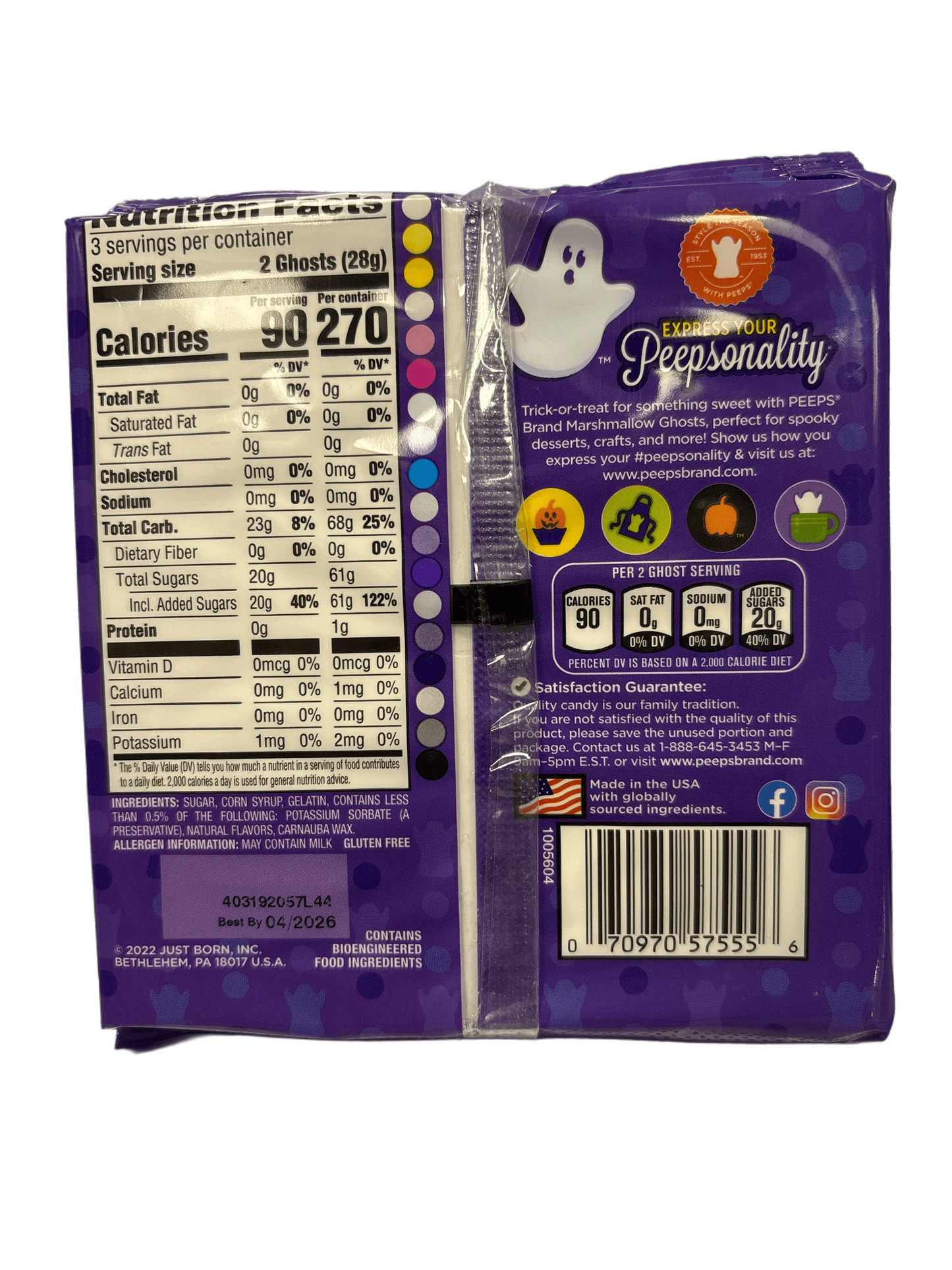 Back of Peeps marshmallow ghosts candy package with nutrition facts and ingredients