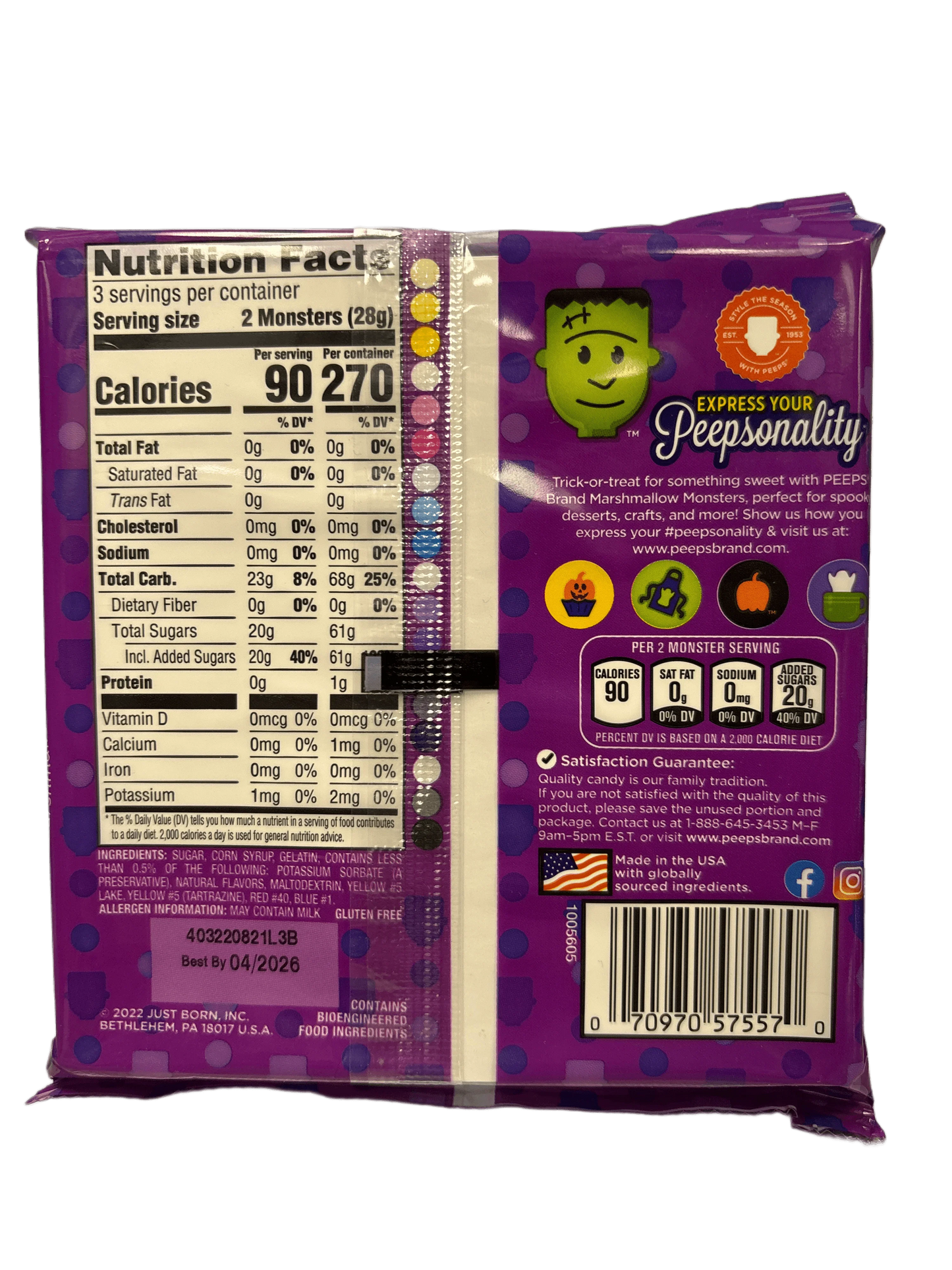 Back of Peeps Marshmallow Monsters candy package with nutrition facts and purple polka dot design