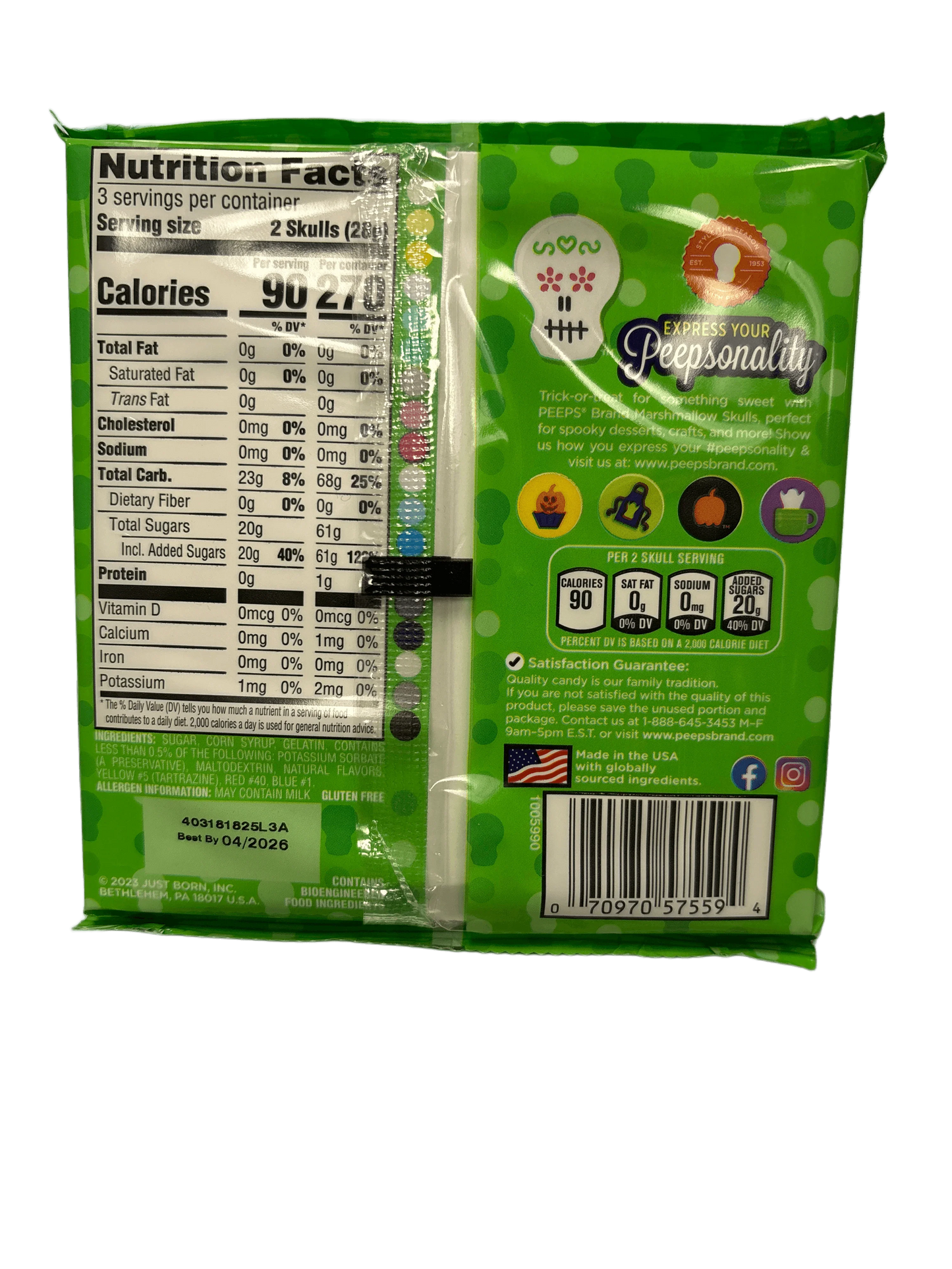 Back of Peeps Marshmallow Skulls candy package with nutrition facts and skull graphics