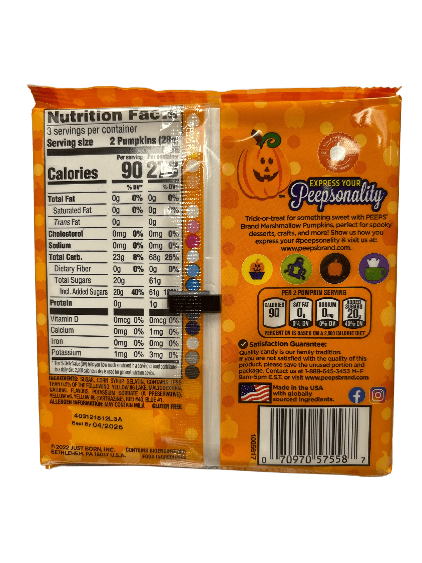 Back of Peeps Marshmallow Pumpkins package showing nutrition facts and pumpkin design, perfect for Halloween snacks.