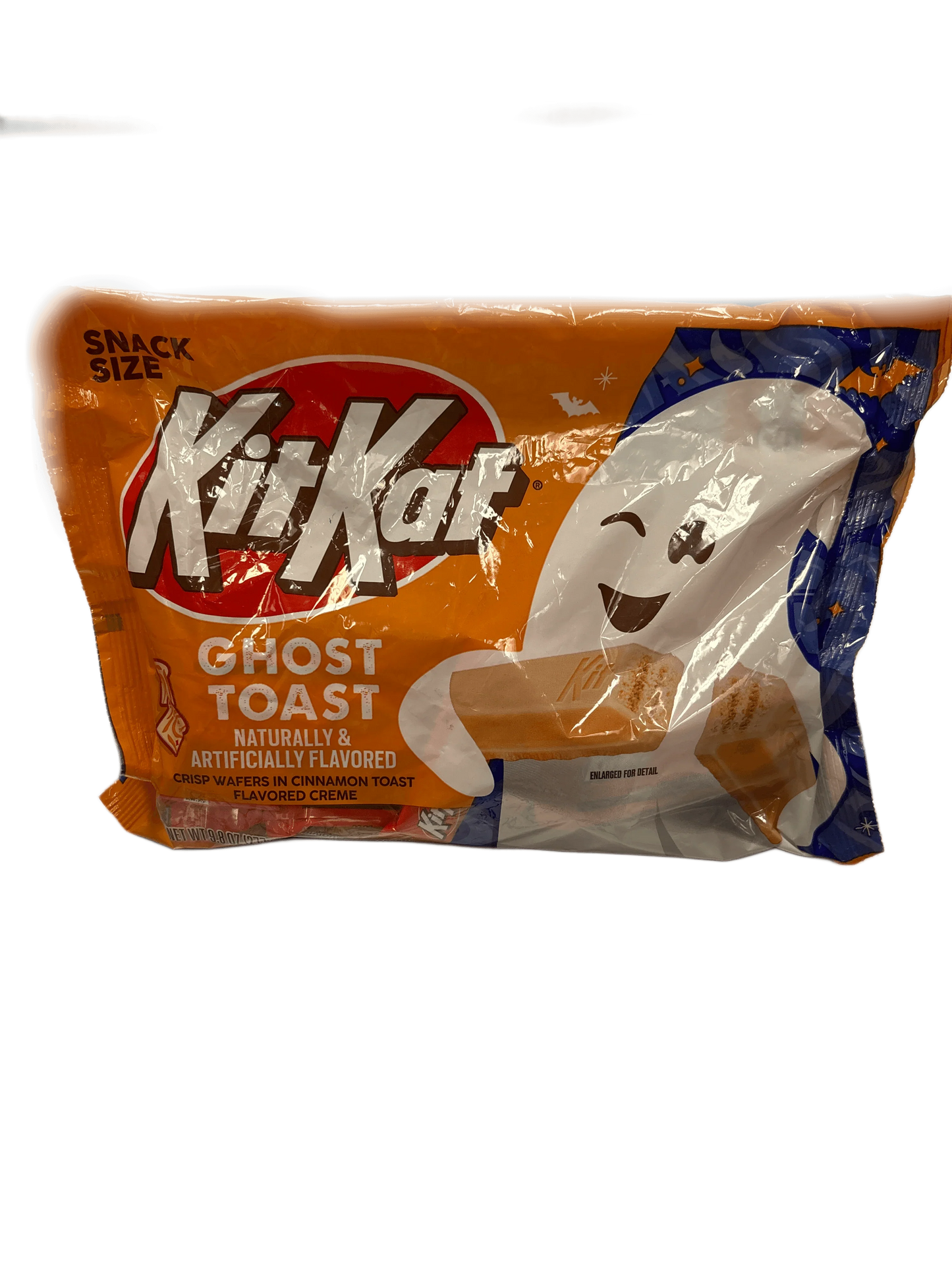 Kit Kat Ghost Toast snack size bag, cinnamon toast flavored wafer candy with ghost design.