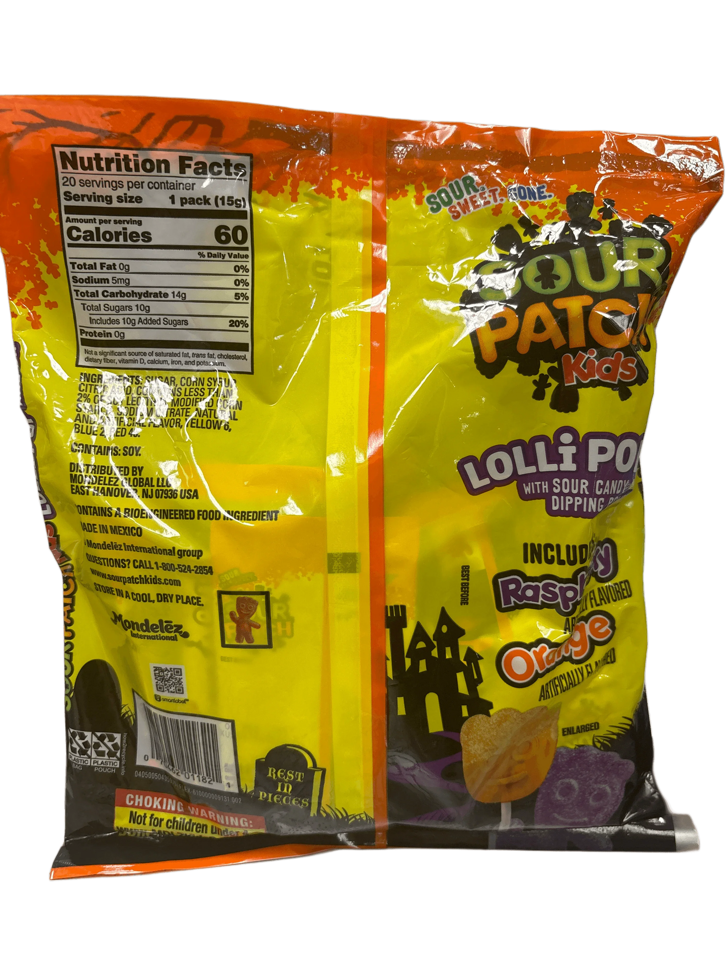 Sour Patch Kids Lolli Pop candy bag with raspberry and orange flavors, nutrition facts visible