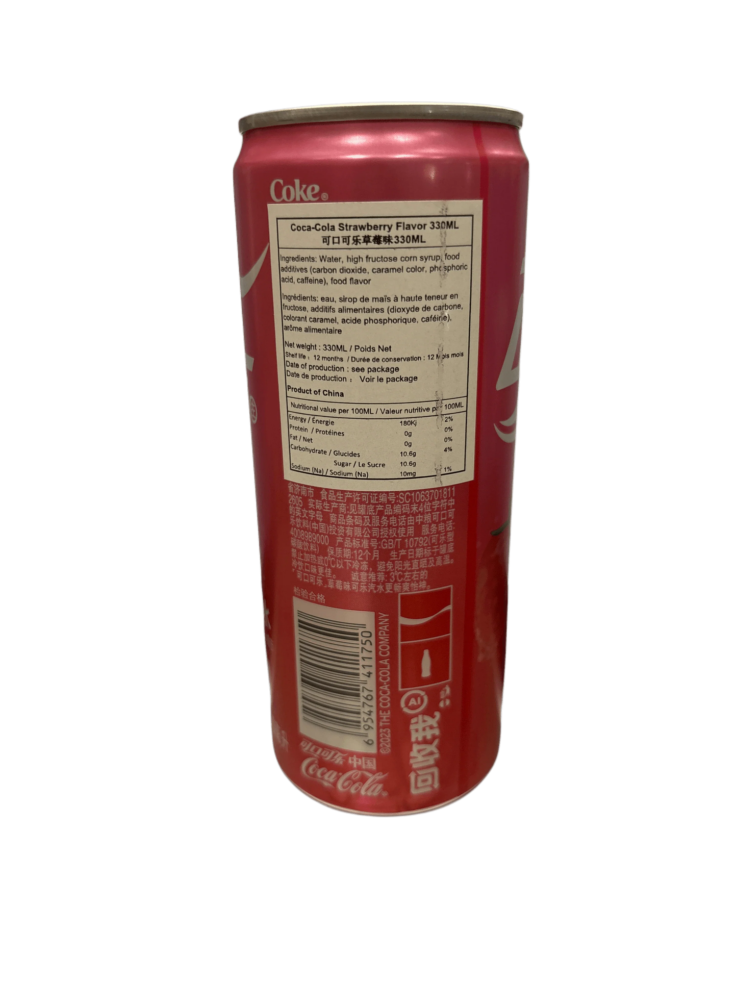 Imported Coca-Cola Strawberry Flavor 330ml can with nutrition label and barcode visible