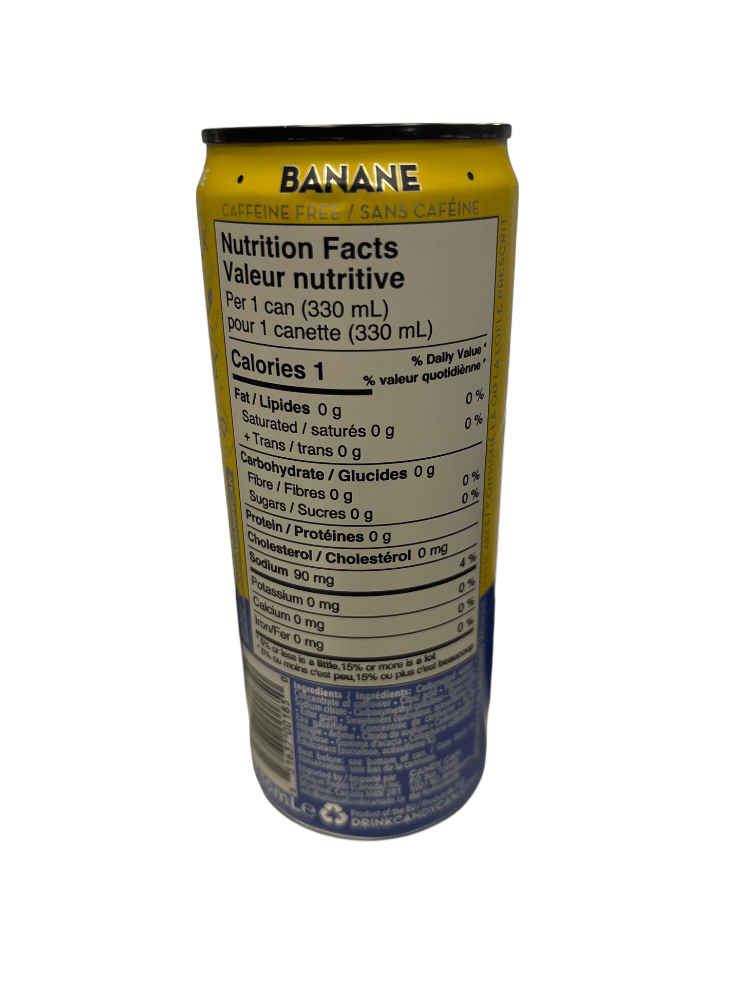 Banana flavored exotic soda can with nutrition facts and caffeine free label