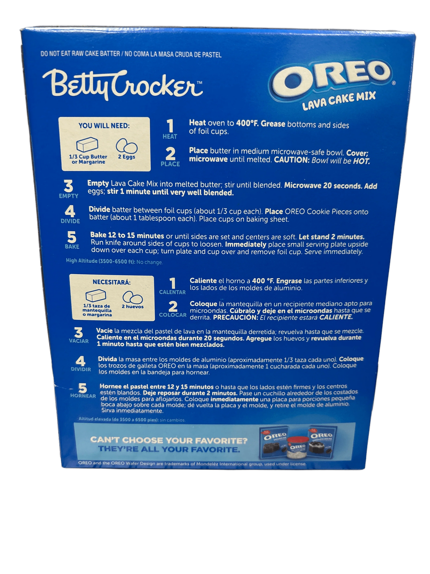 Back of Betty Crocker Oreo Lava Cake Mix box with baking instructions and ingredients list.