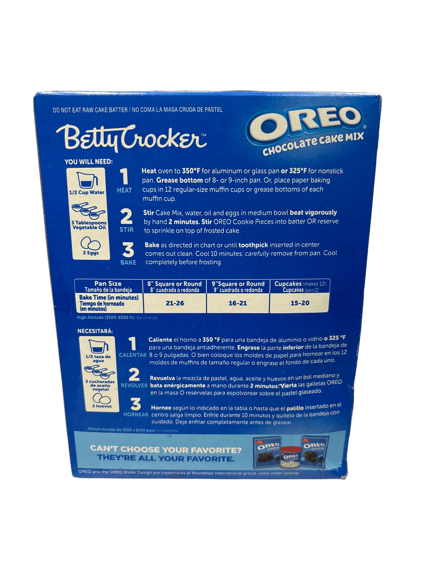 Betty Crocker Oreo chocolate cake mix box with baking instructions and ingredient list