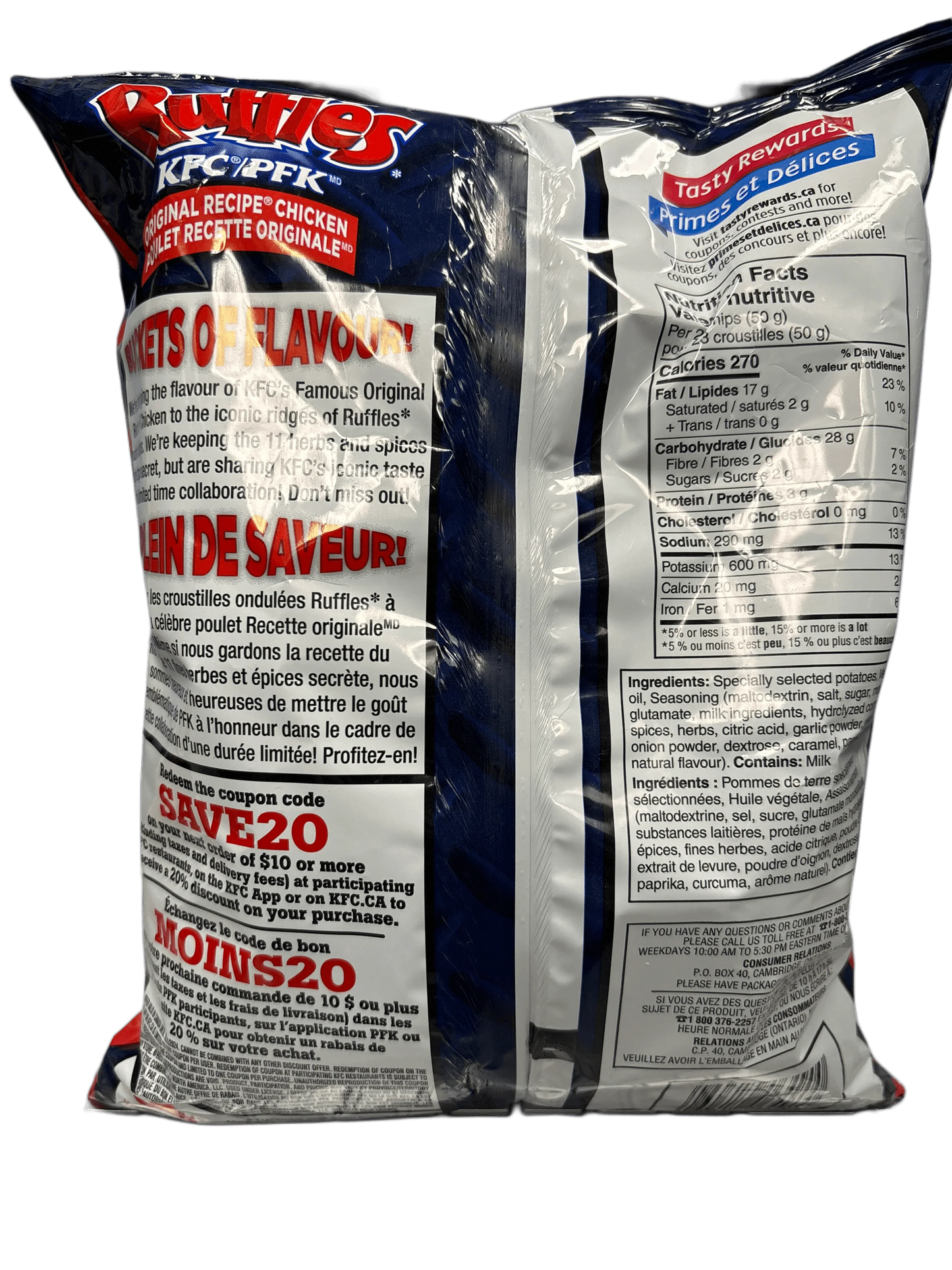 Back of Ruffles KFC Original Recipe Chicken potato chips bag with flavor description and nutrition facts