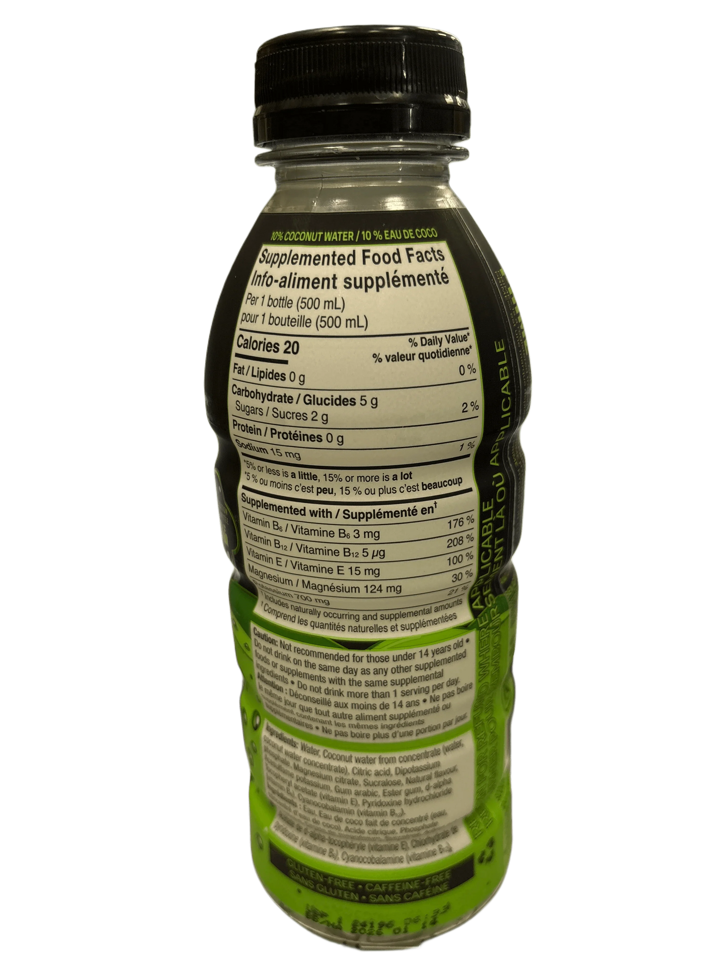 Supplemented coconut water drink nutrition label, 500ml bottle with green accents