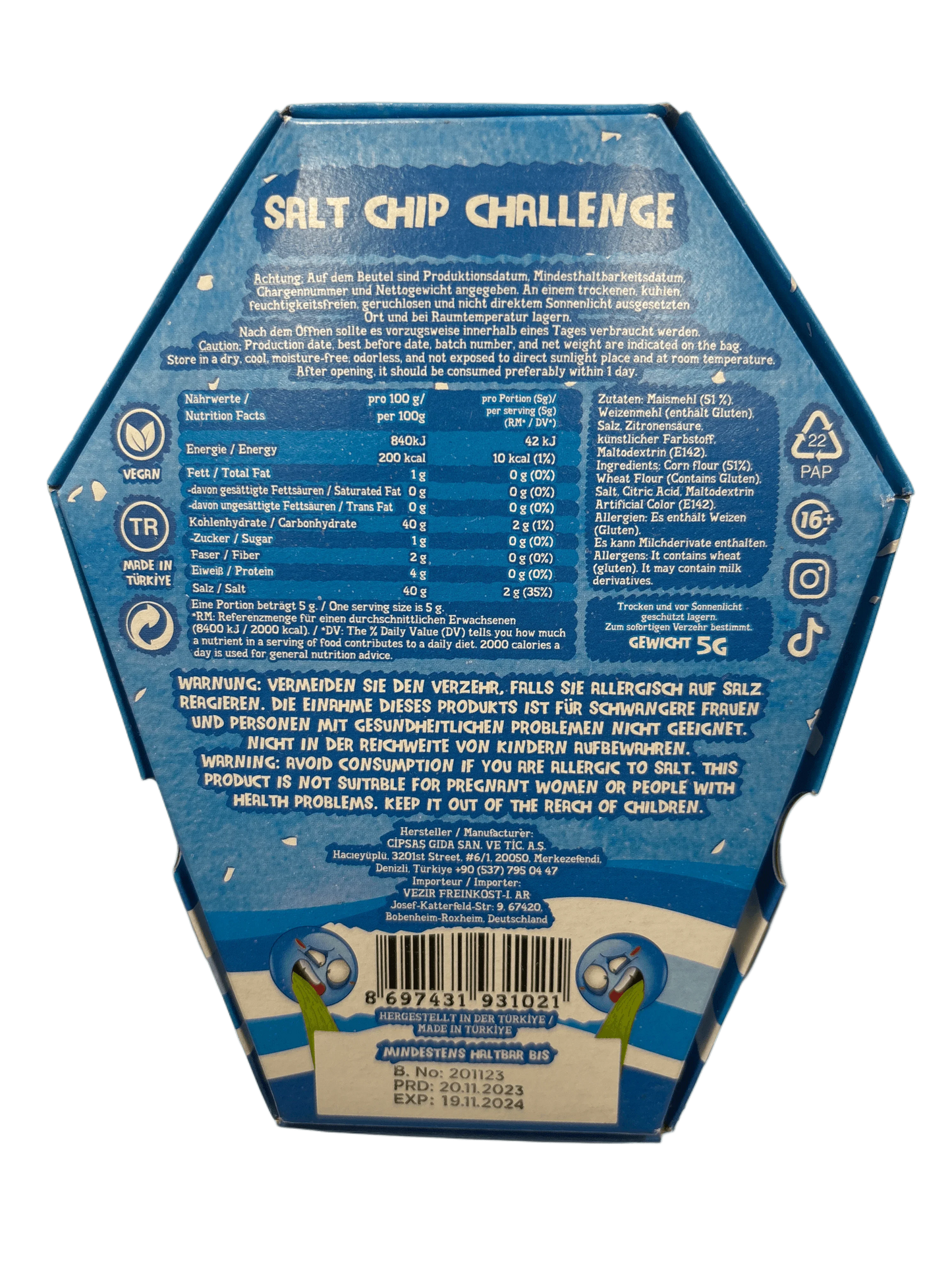 Back of Salt Chip Challenge box with nutrition facts, warnings, and blue packaging design