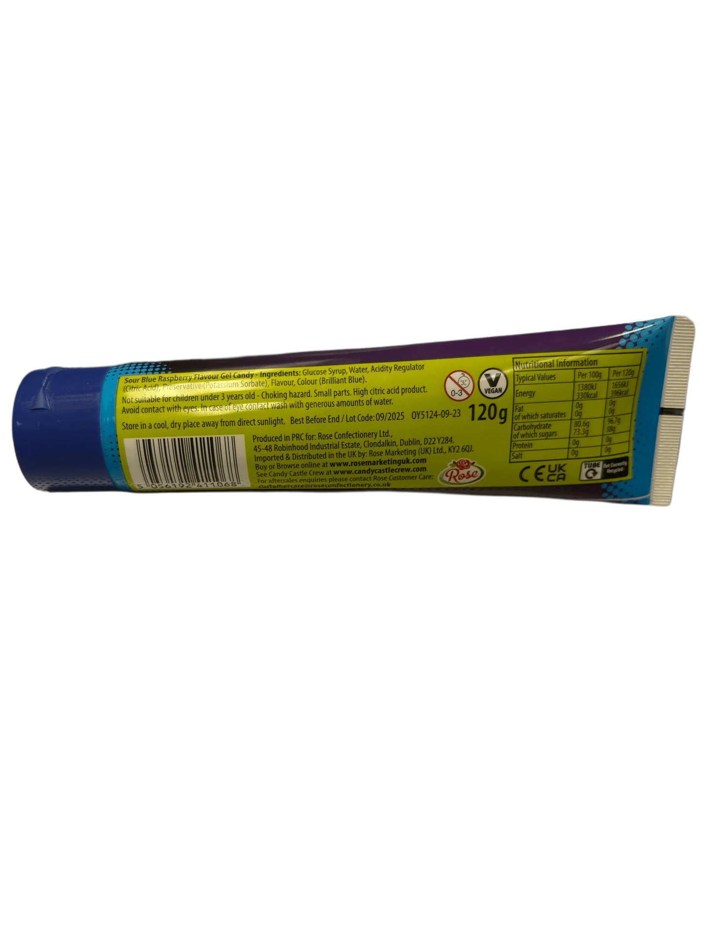 Back of a blue raspberry sour gel candy tube with nutrition facts and ingredients.