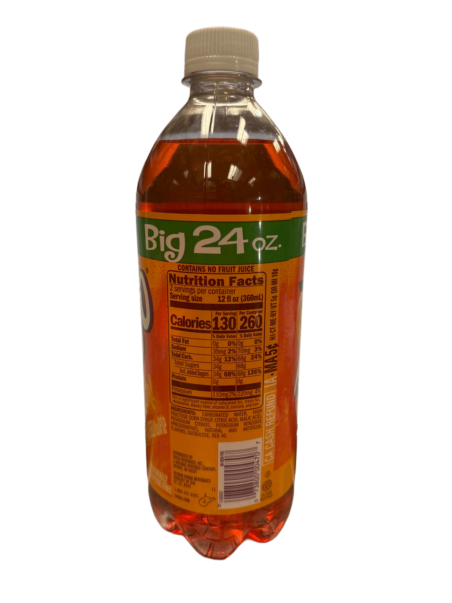 Large 24 oz orange soda drink bottle with nutrition facts label, imported beverage