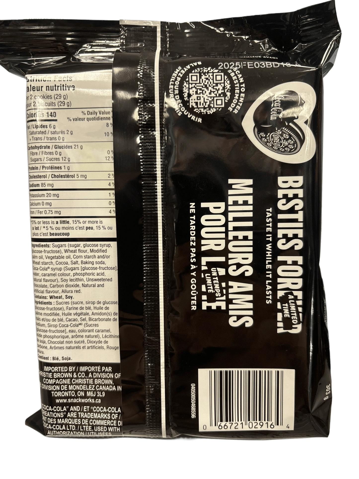 Back view of Oreo and Coca-Cola flavored cookies package with nutrition facts and barcode
