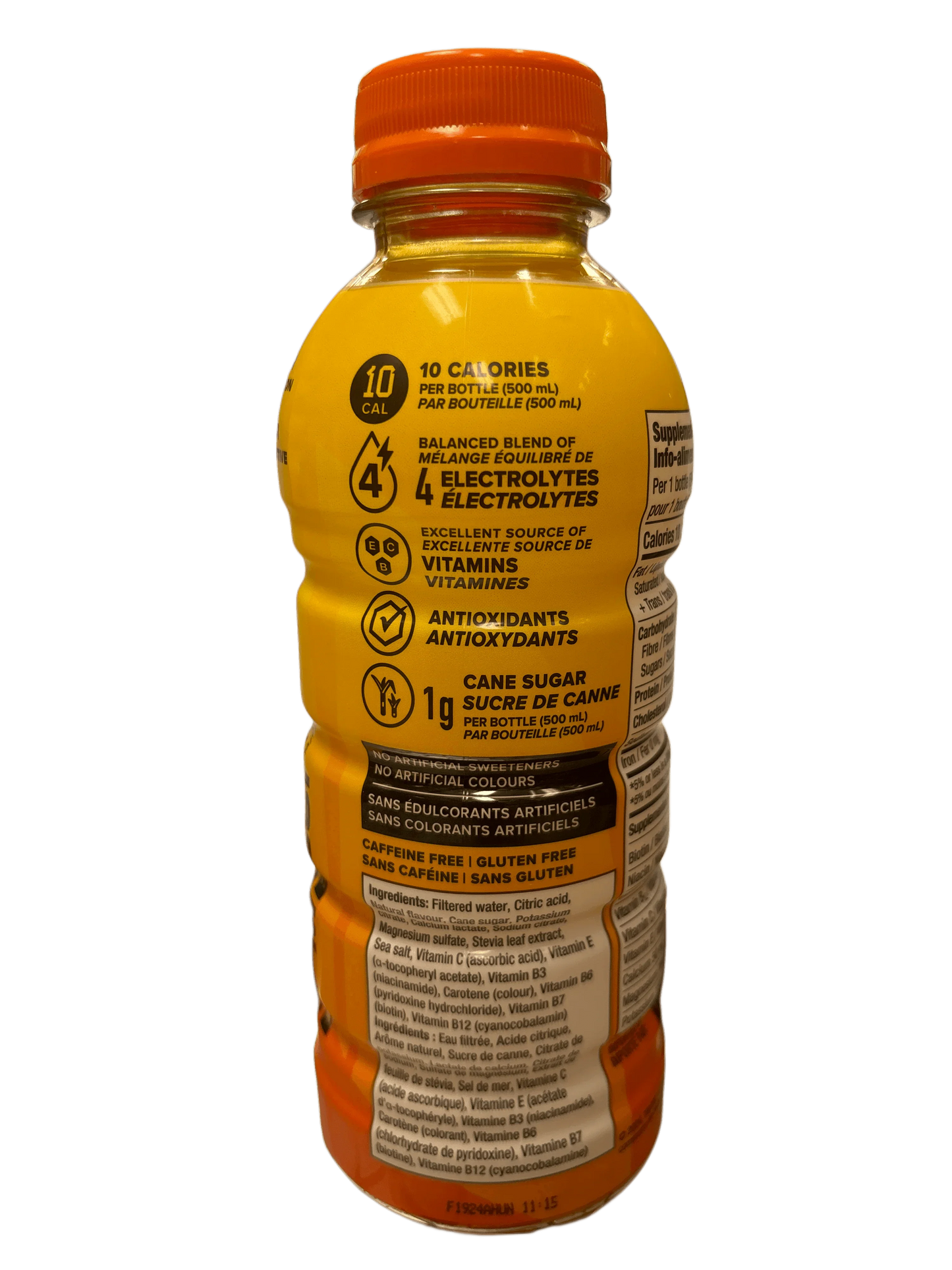Orange electrolyte drink bottle with nutrition info, cane sugar, vitamins, and antioxidants.