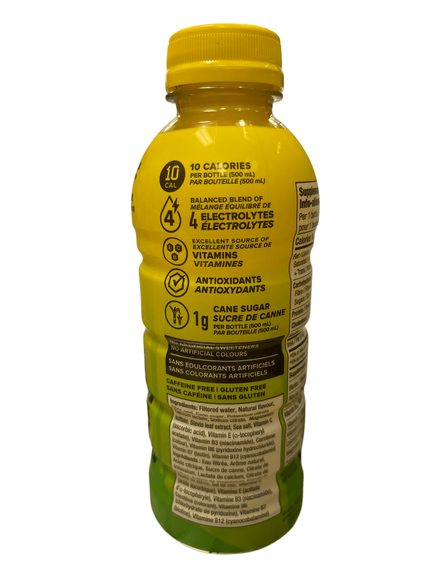 Yellow electrolyte drink bottle with nutrition info, vitamins, antioxidants, and cane sugar