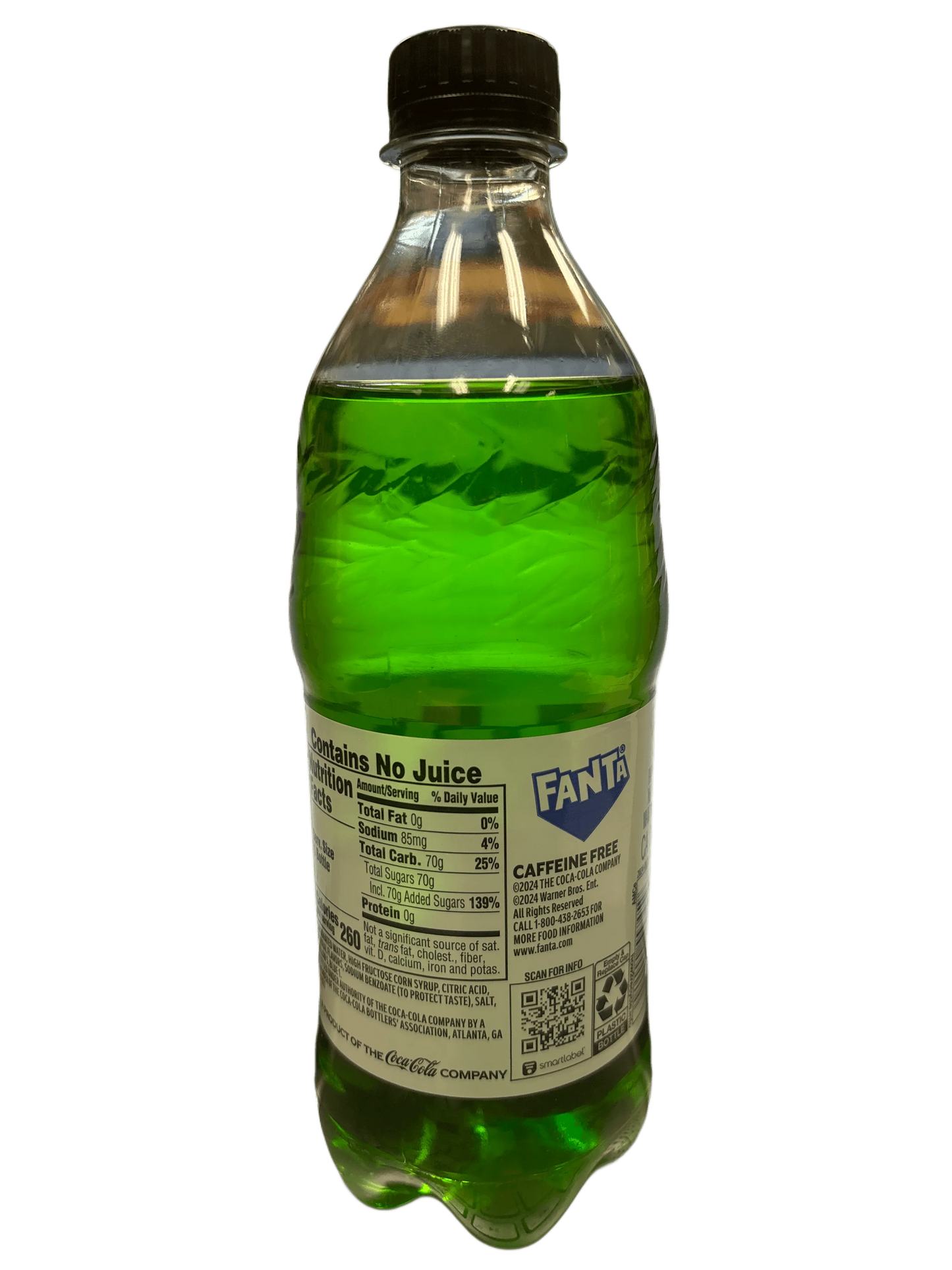Green Fanta exotic soda bottle with nutrition label, imported soft drink product