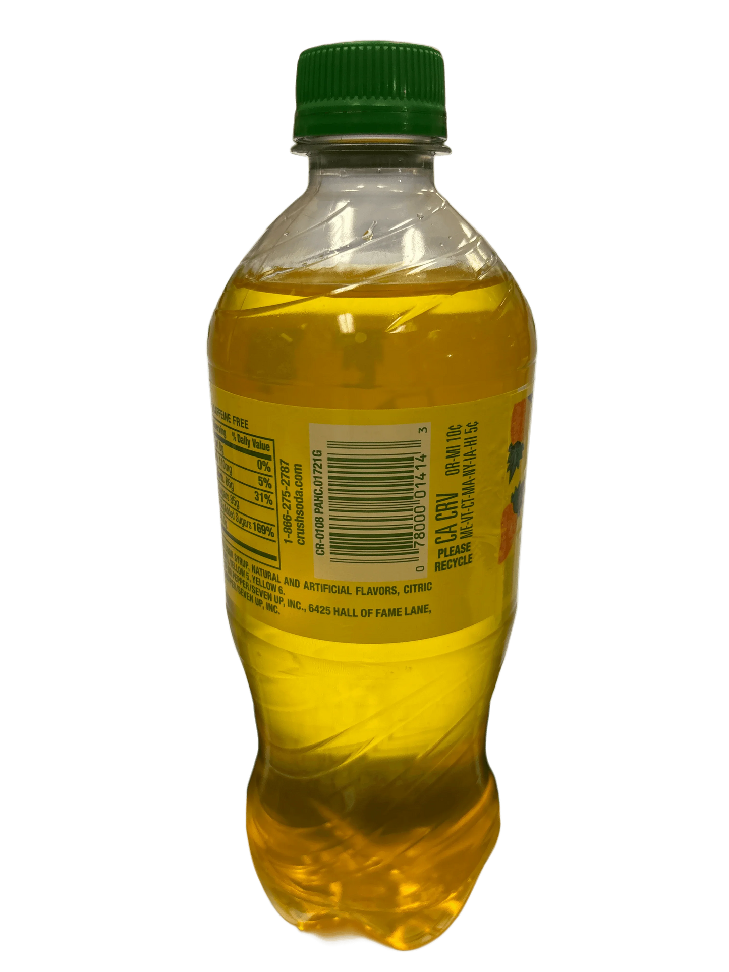 Yellow exotic soft drink in a clear plastic bottle with a green cap and nutrition label