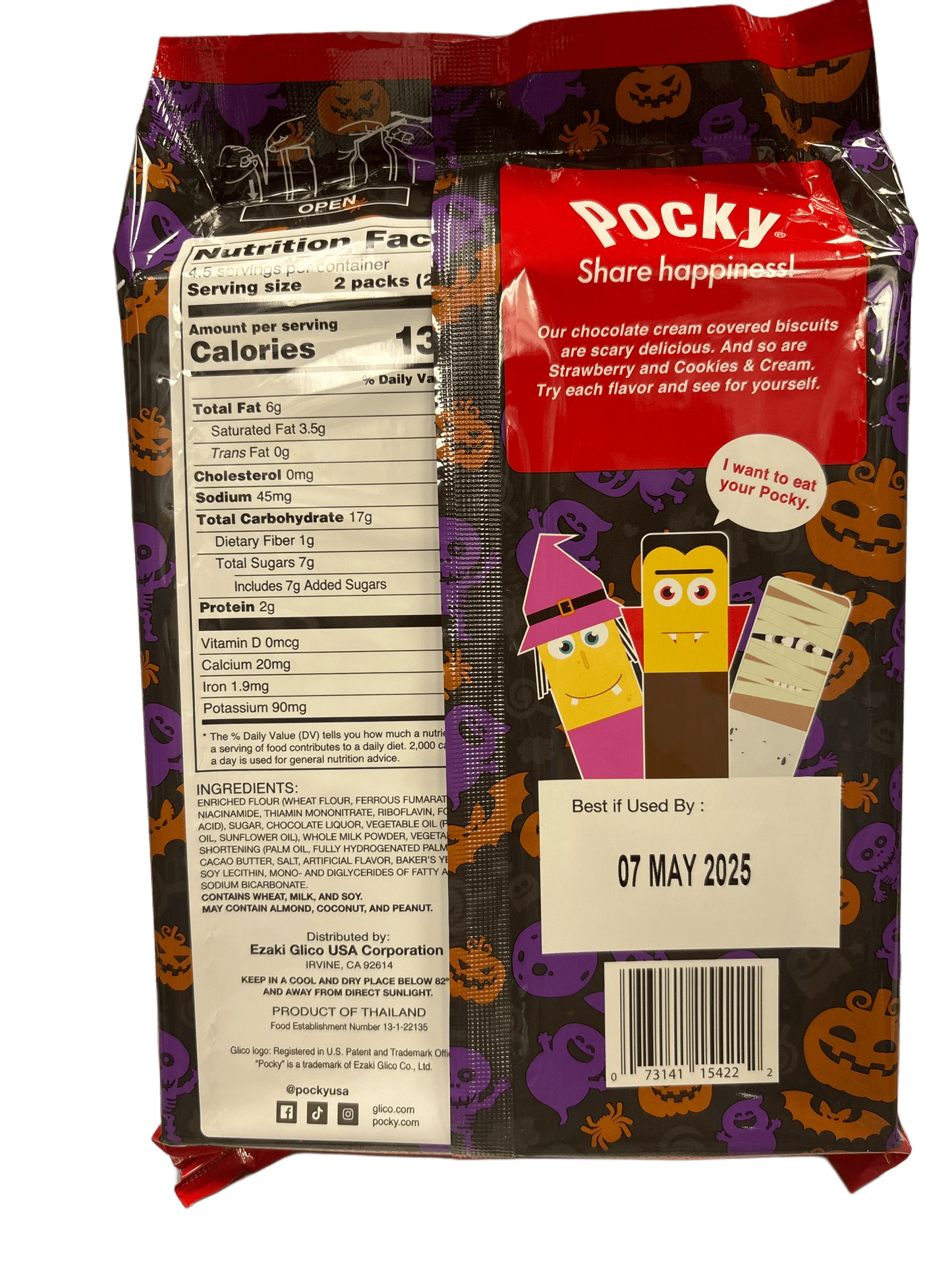 Back of Pocky Halloween snack package with nutrition facts, ingredients, and cute monster graphics
