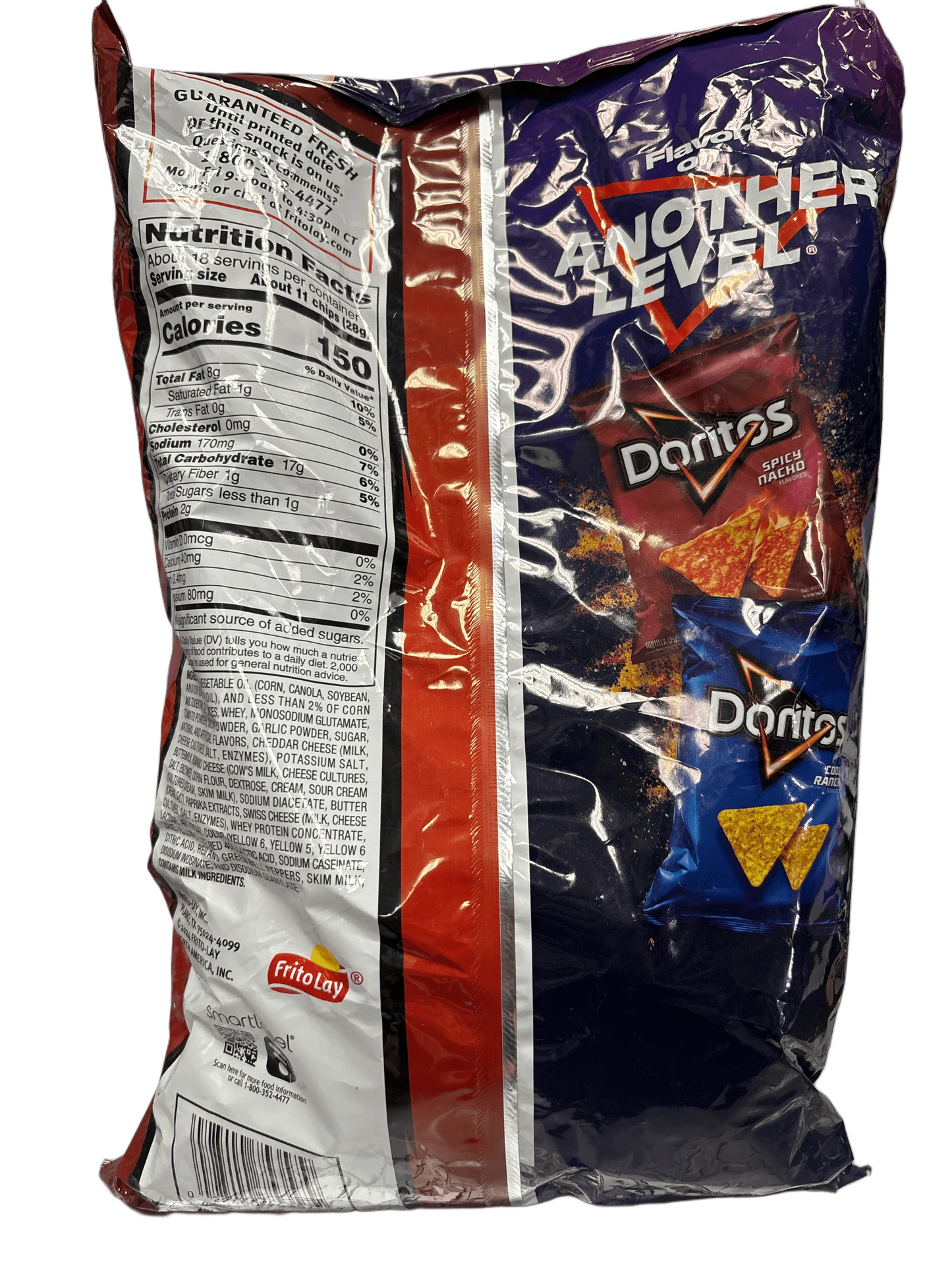 Back of Doritos snack bag with Spicy Nacho and Cool Ranch flavors, nutrition facts visible