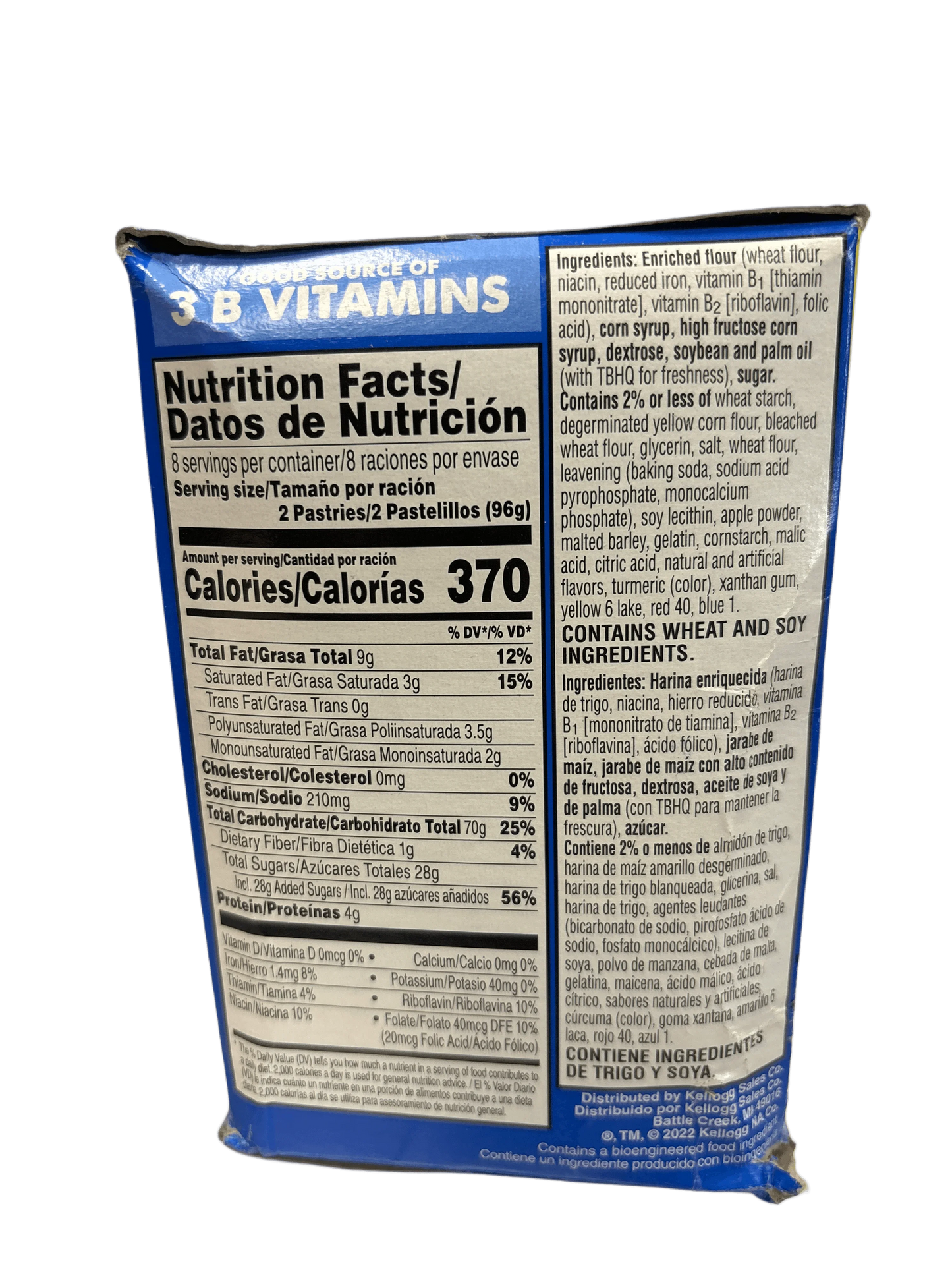 Back of snack package showing nutrition facts and ingredients in English and Spanish