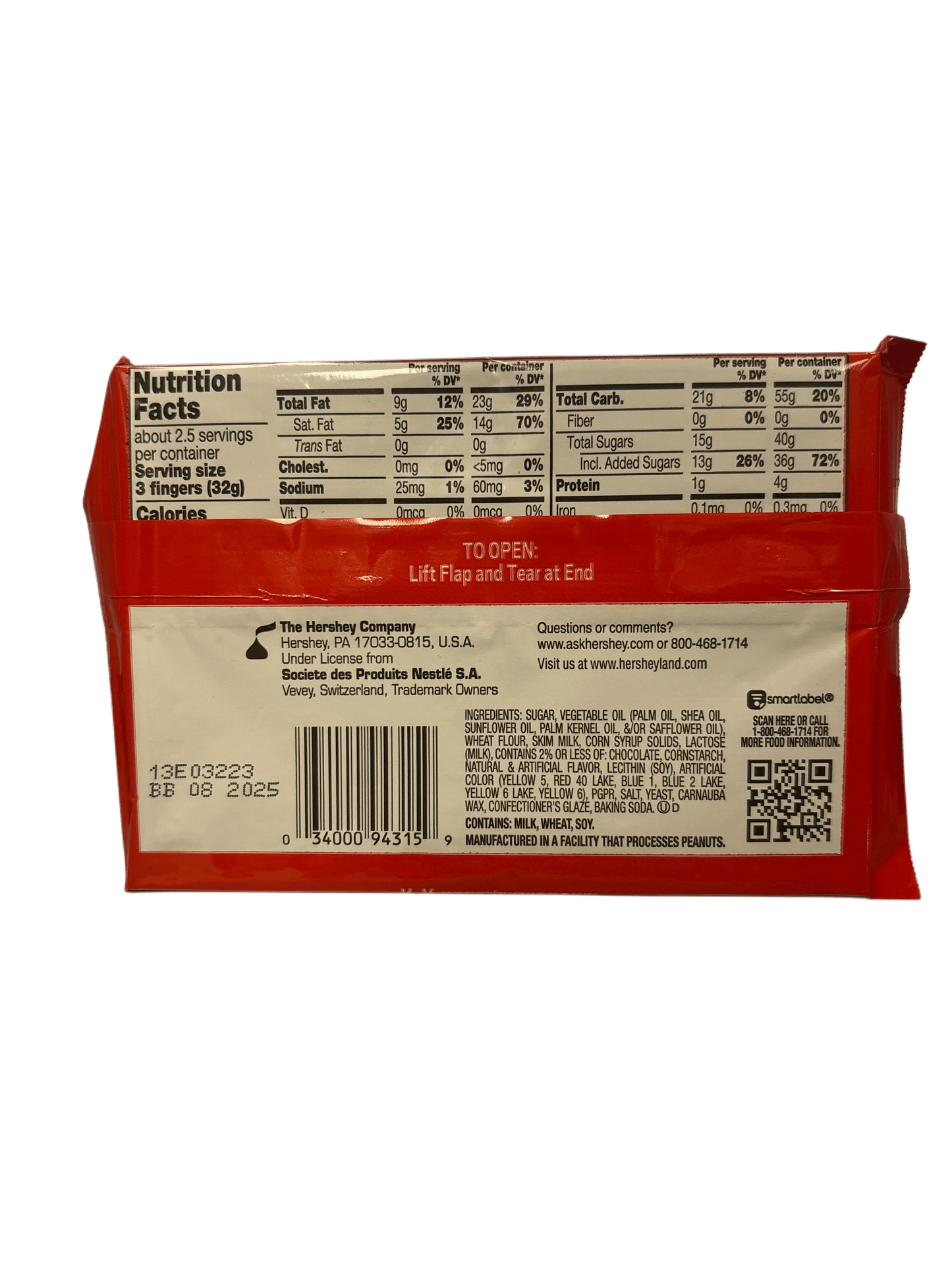 Back of chocolate candy bar package showing nutrition facts and ingredients label