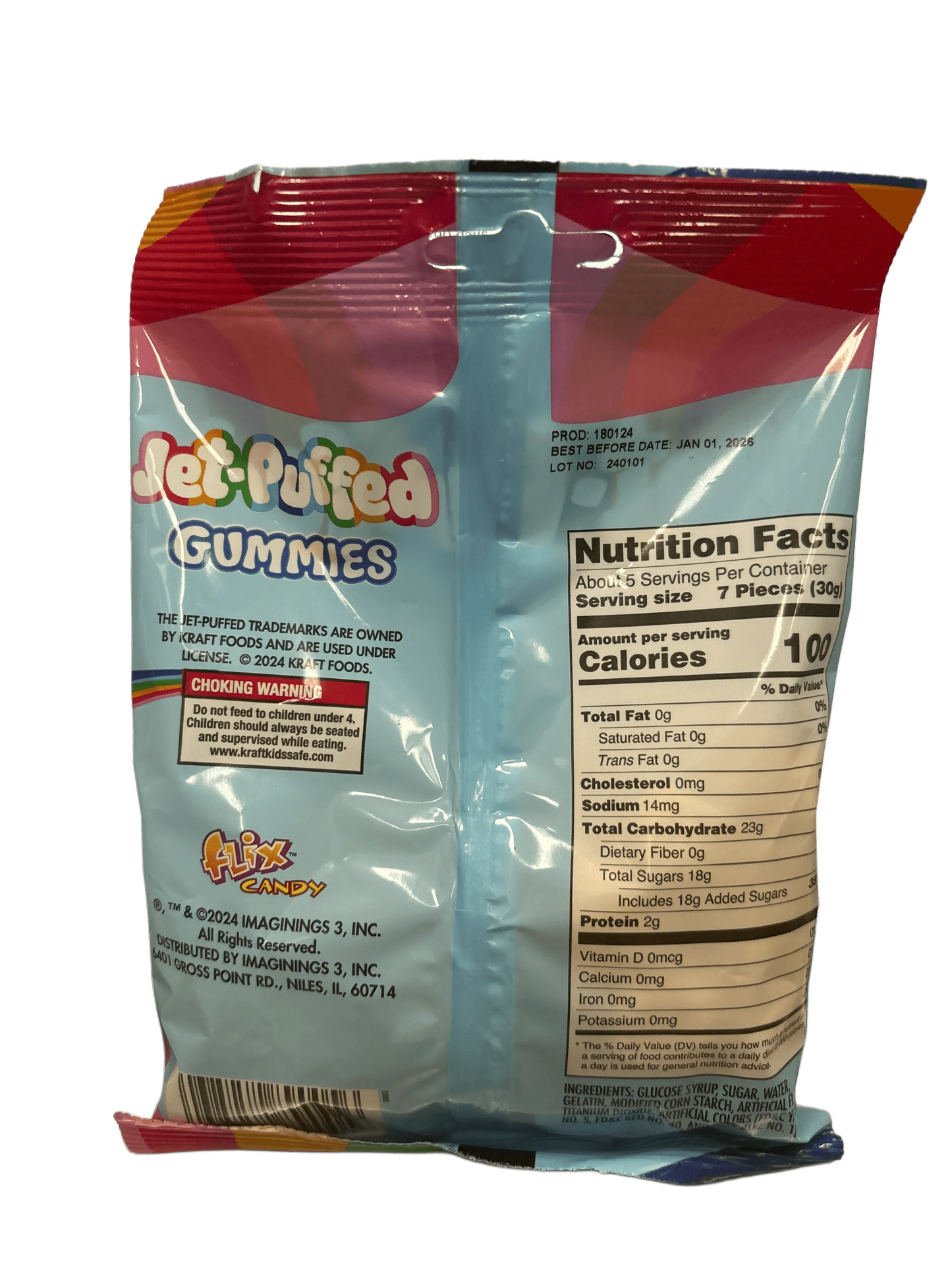 Back of Jet-Puffed Gummies candy bag showing nutrition facts and ingredients.