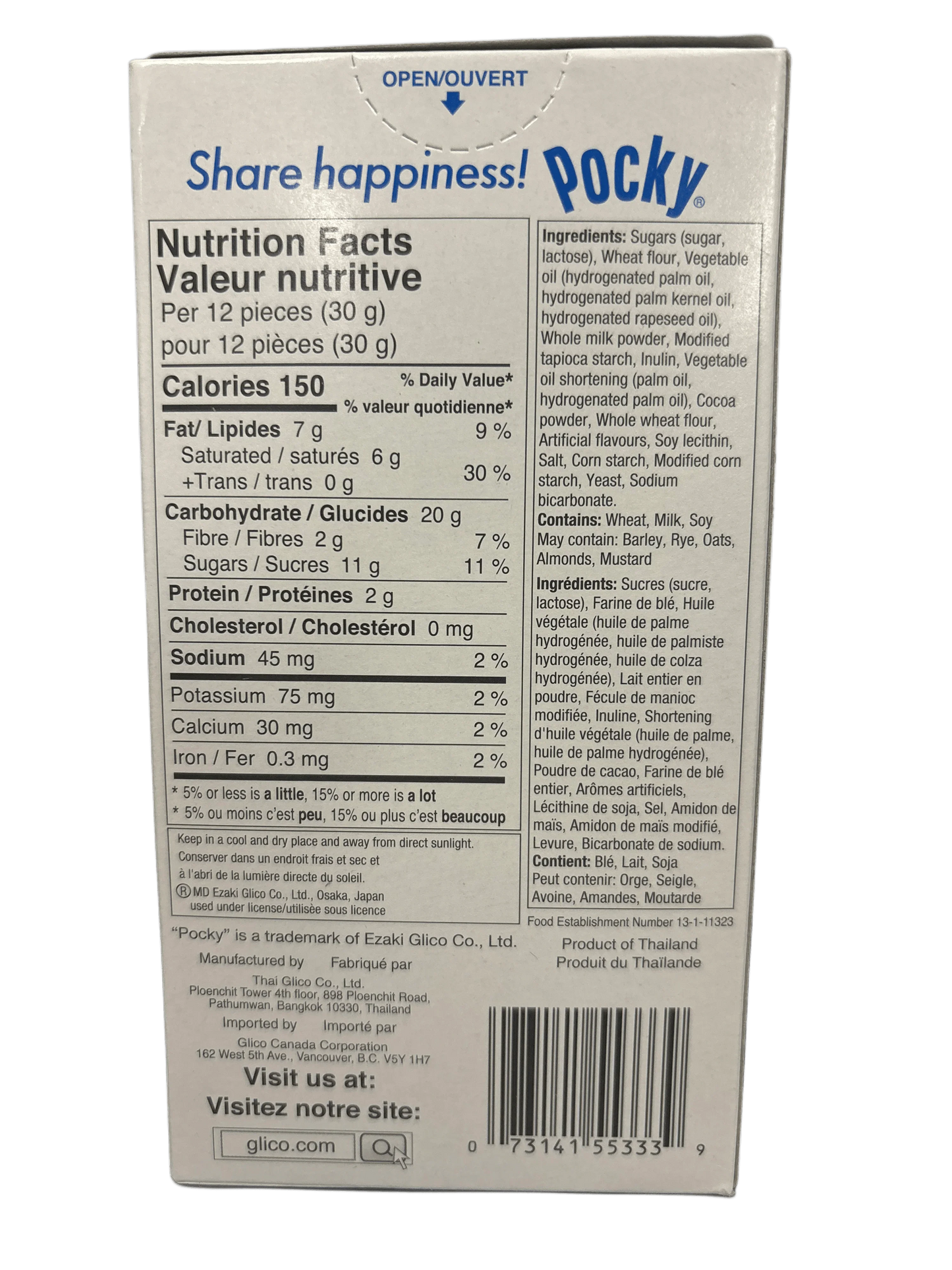 Back of Pocky snack box with nutrition facts and ingredients for international snacks.