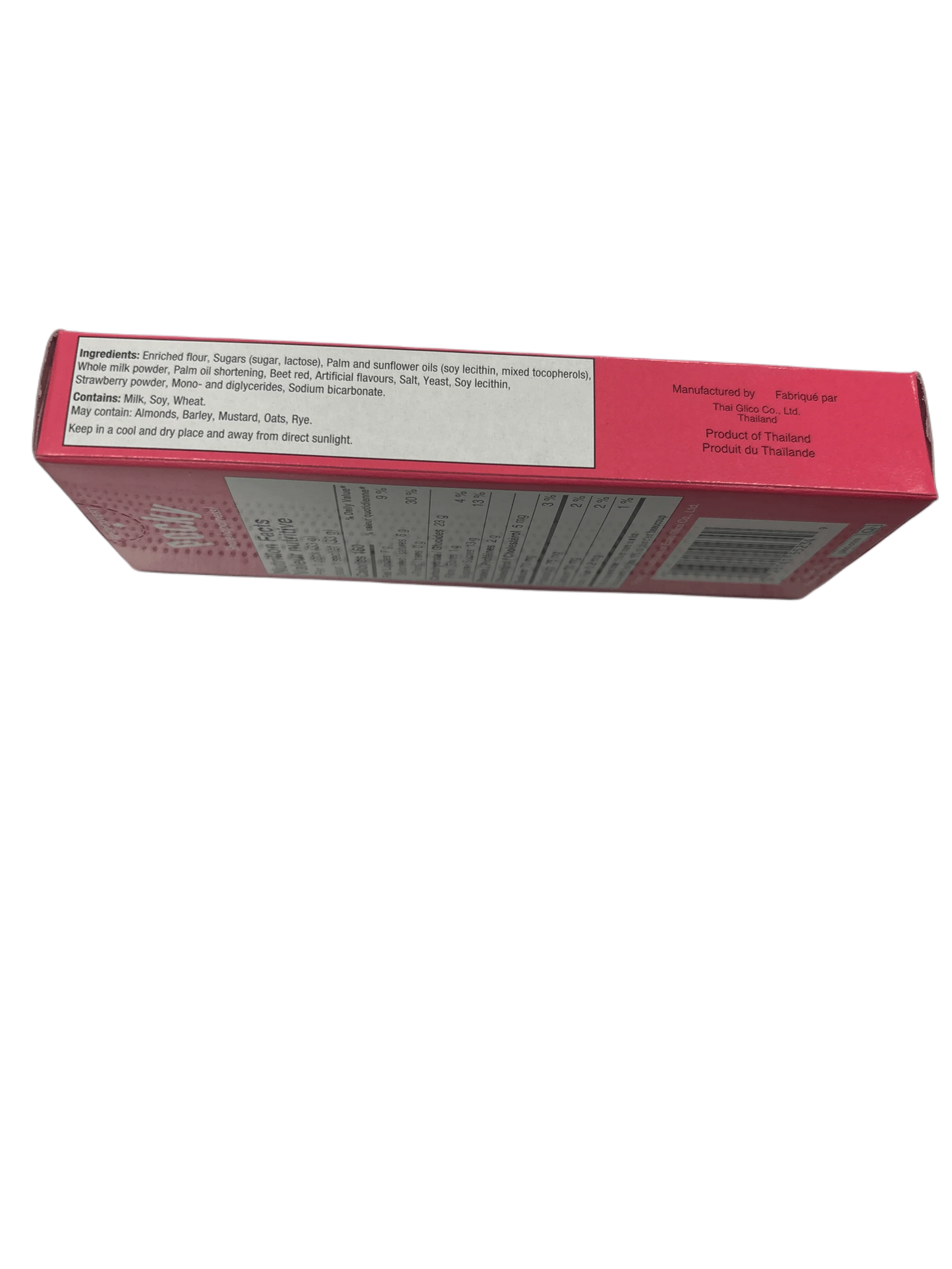 Red snack box showing ingredient list and allergy warnings, product of Thailand.