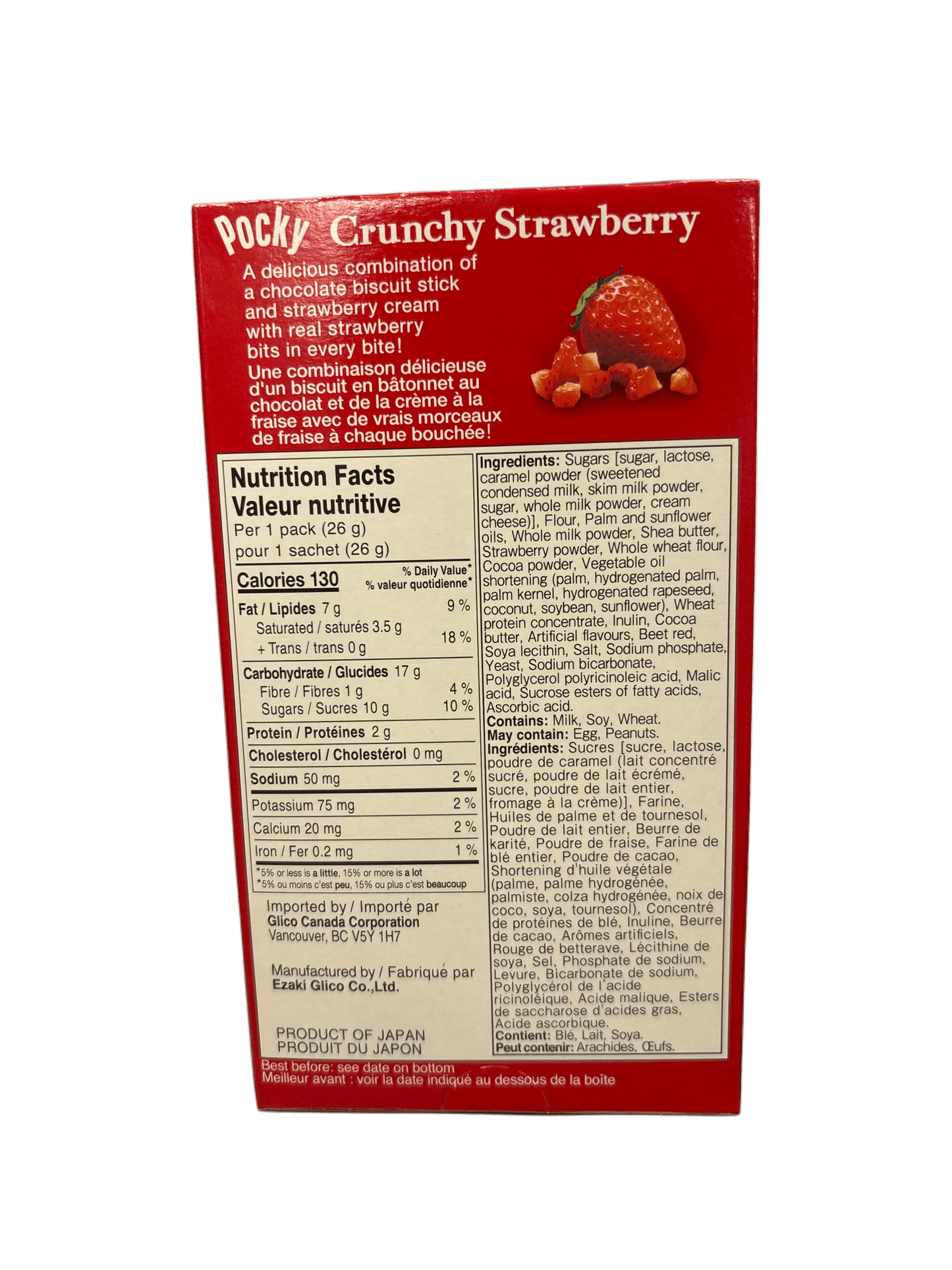 Back of Pocky Crunchy Strawberry snack box with nutrition facts and ingredients list