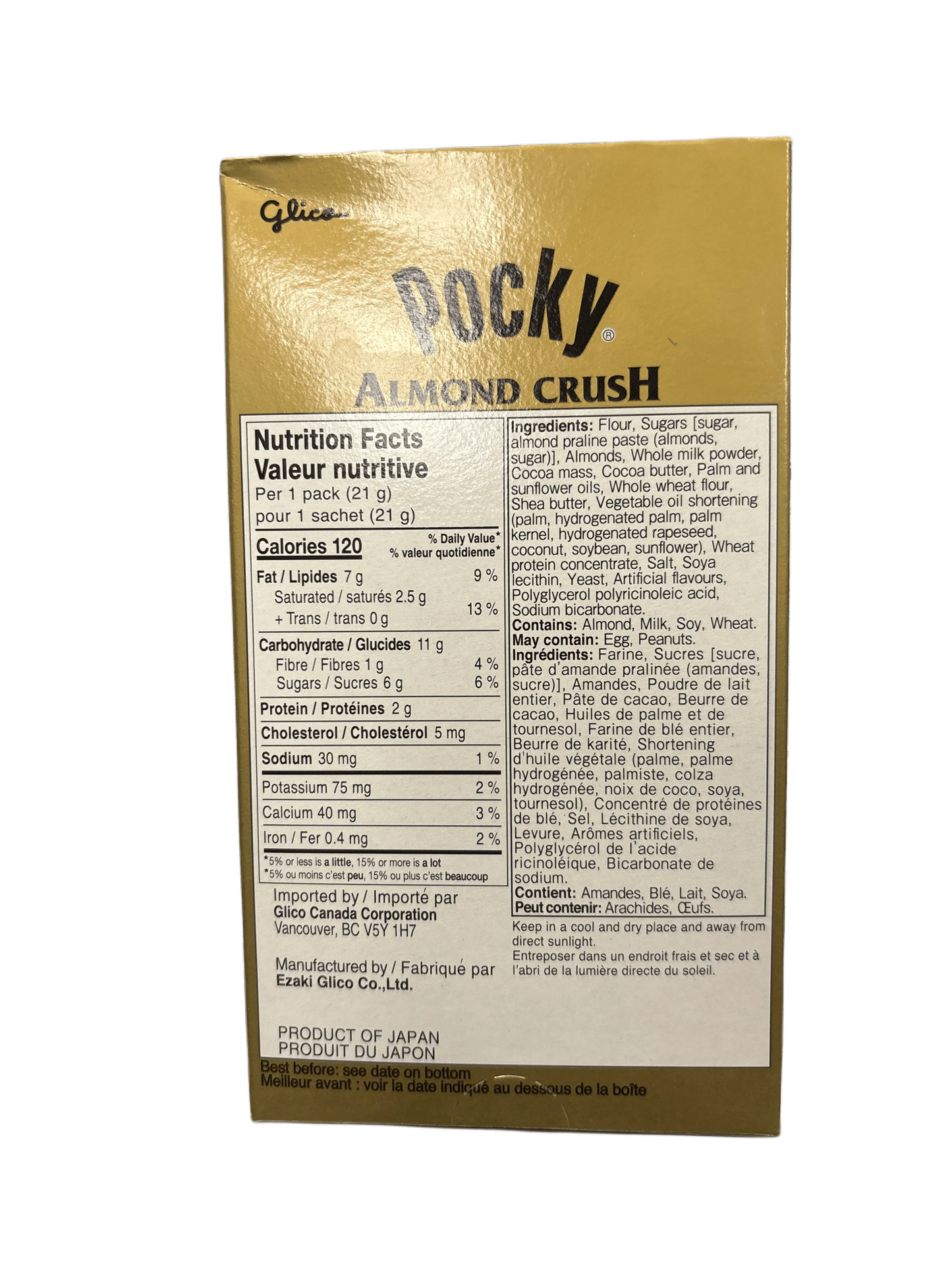 Back of Pocky Almond Crush box showing nutrition facts, ingredients, and product information