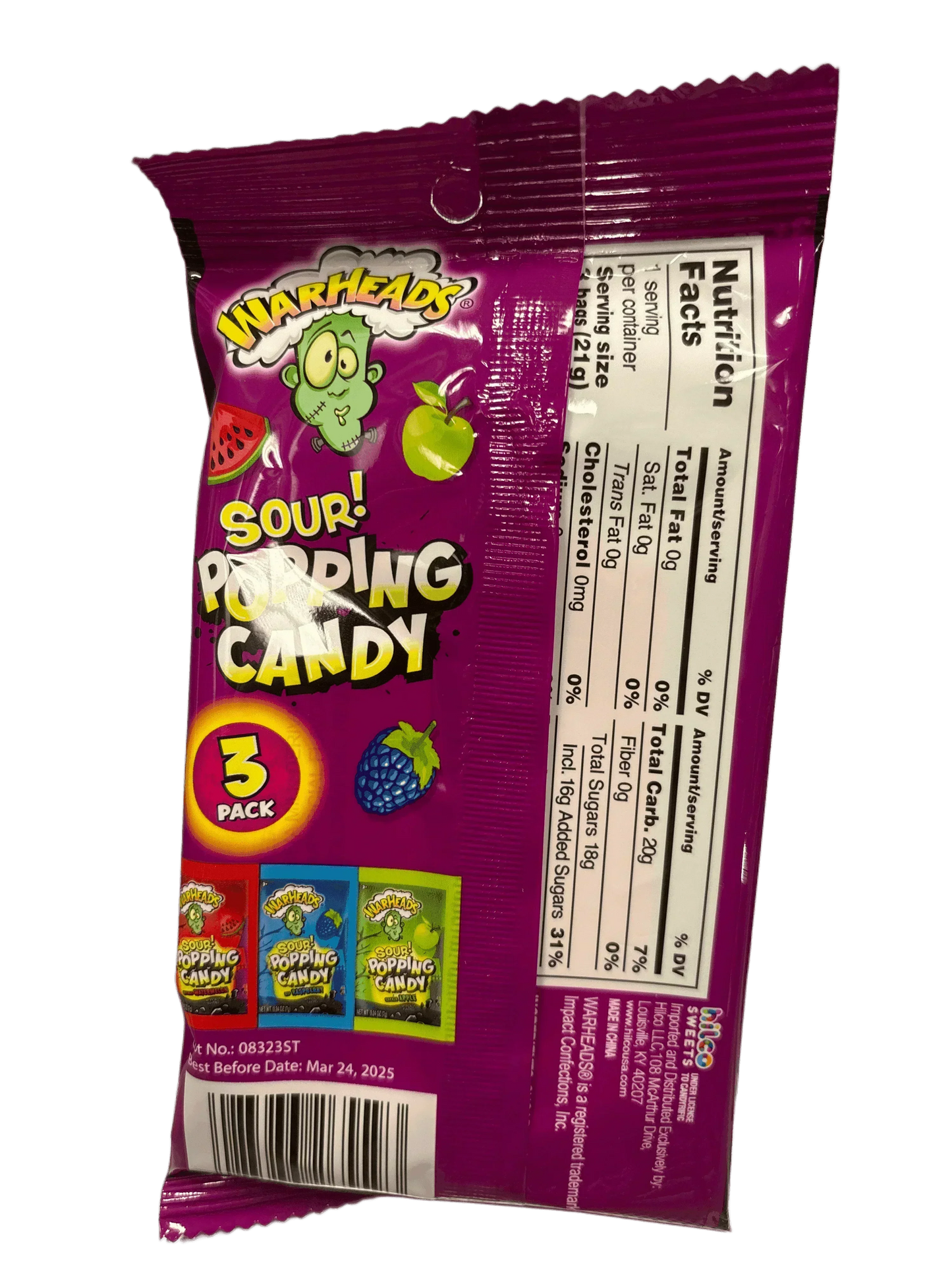 Warheads sour popping candy 3 pack with watermelon, apple, and blue raspberry flavors