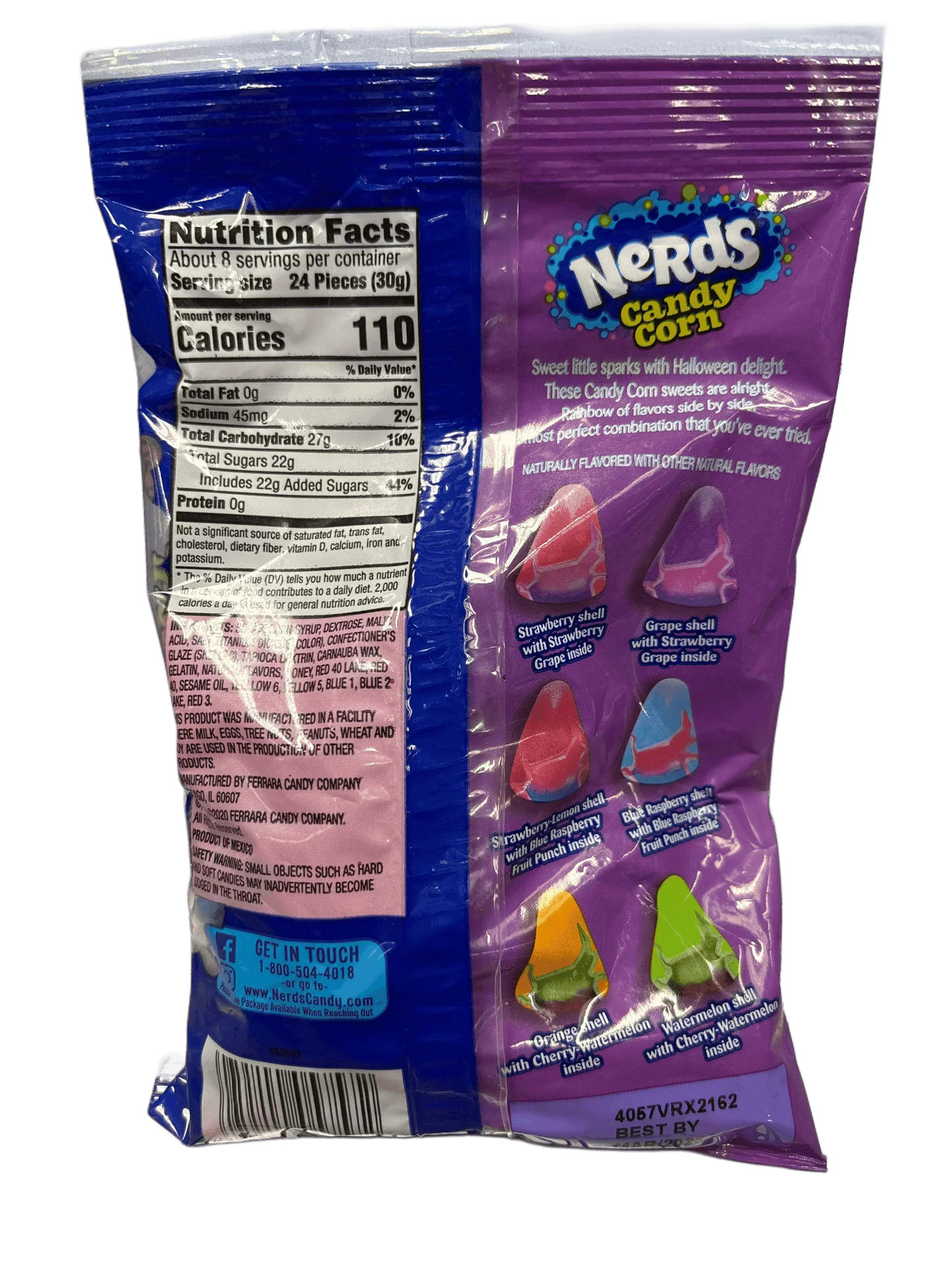 Back of Nerds Candy Corn bag featuring nutrition facts, flavor list, and bright candy images.