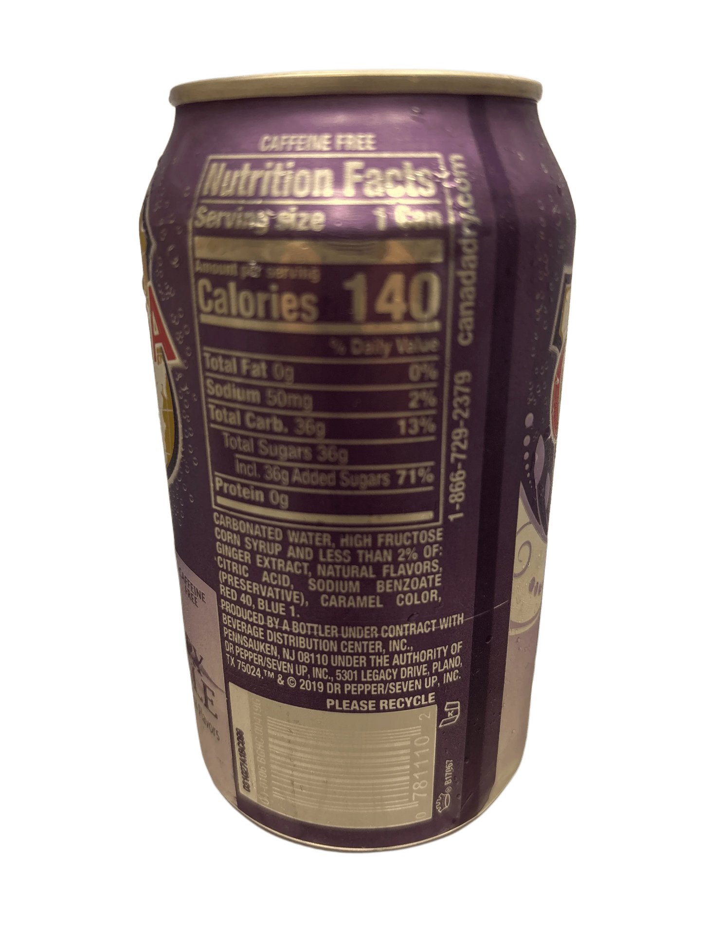 Purple soda can with visible nutrition facts and ingredients, exotic imported drink