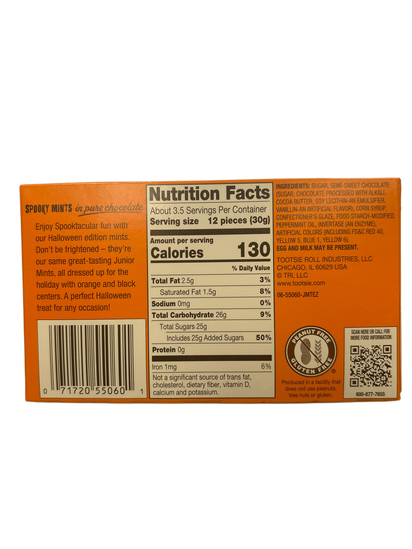 Back of Halloween-themed chocolate mint candy box with nutrition facts and ingredients