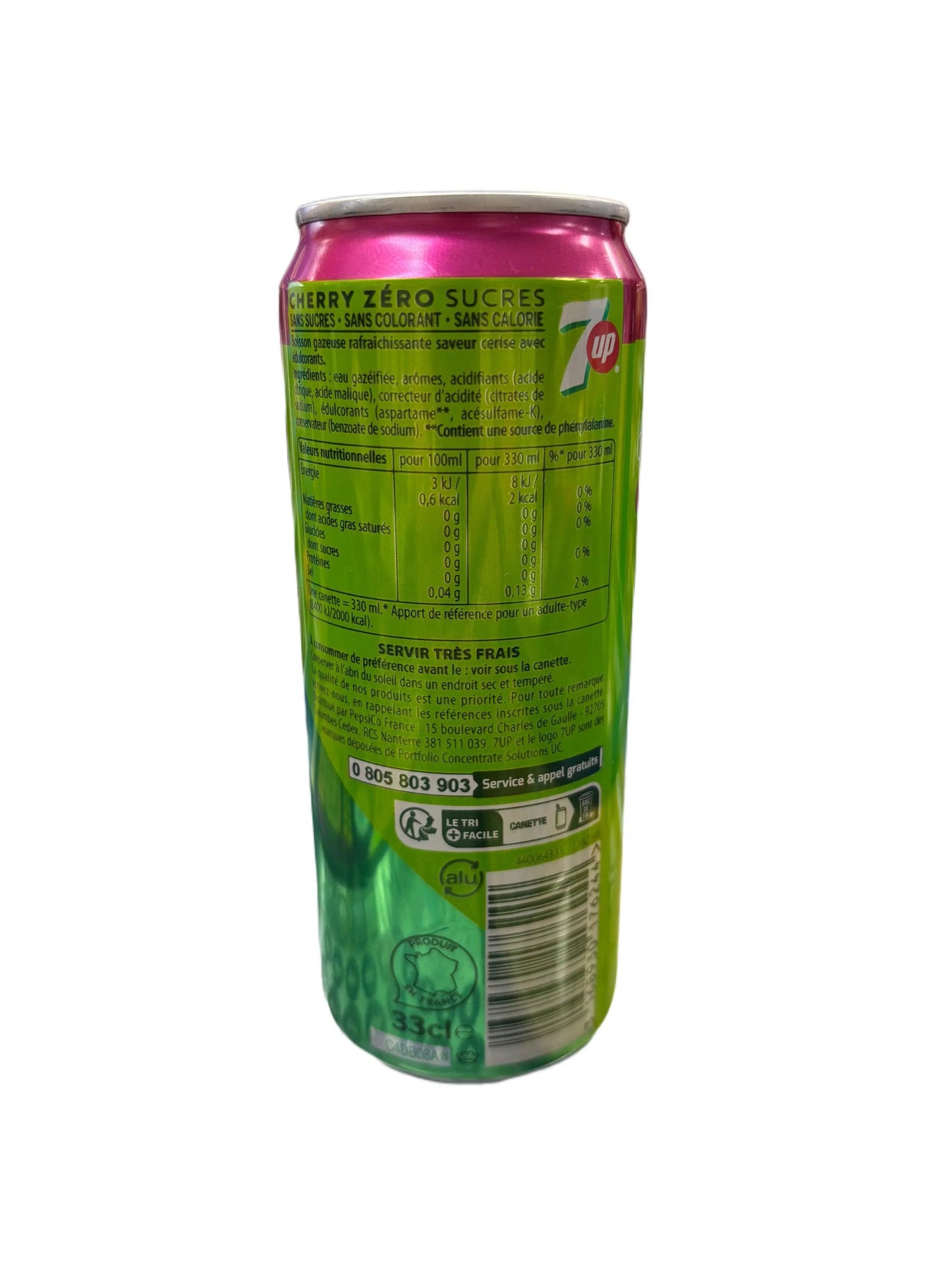 Cherry Zero Sugar 7up exotic soda can, imported drink, back label, green and pink can