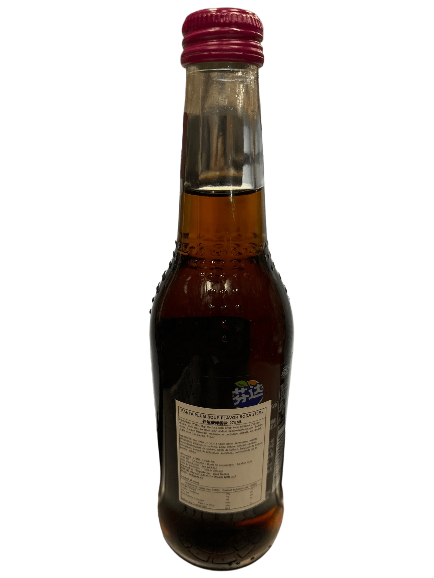 Fanta plum soup flavor soda in a glass bottle with a red cap, imported exotic drink