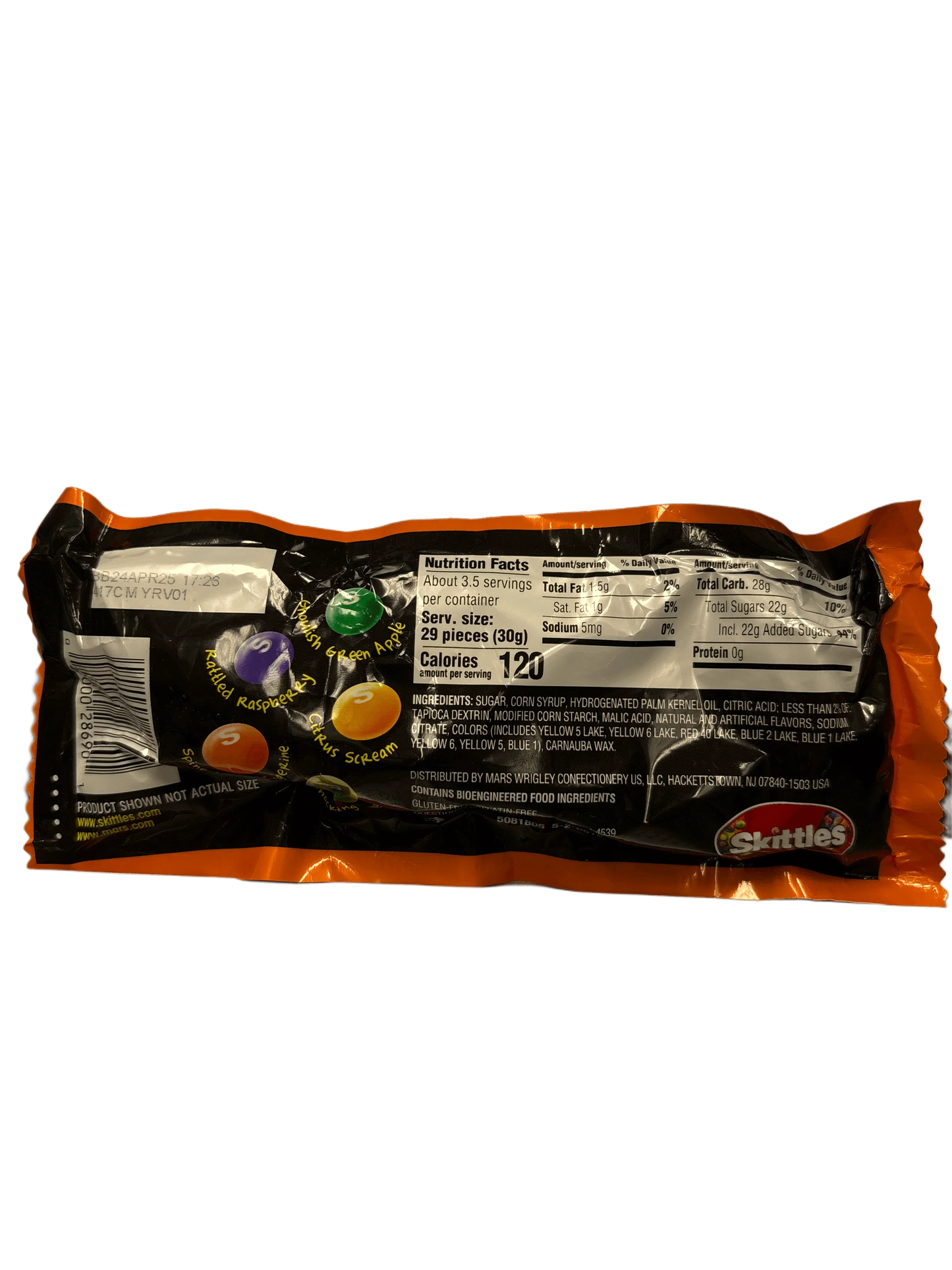 Back of Skittles candy bag showing nutrition facts, ingredients, and colorful candy illustrations