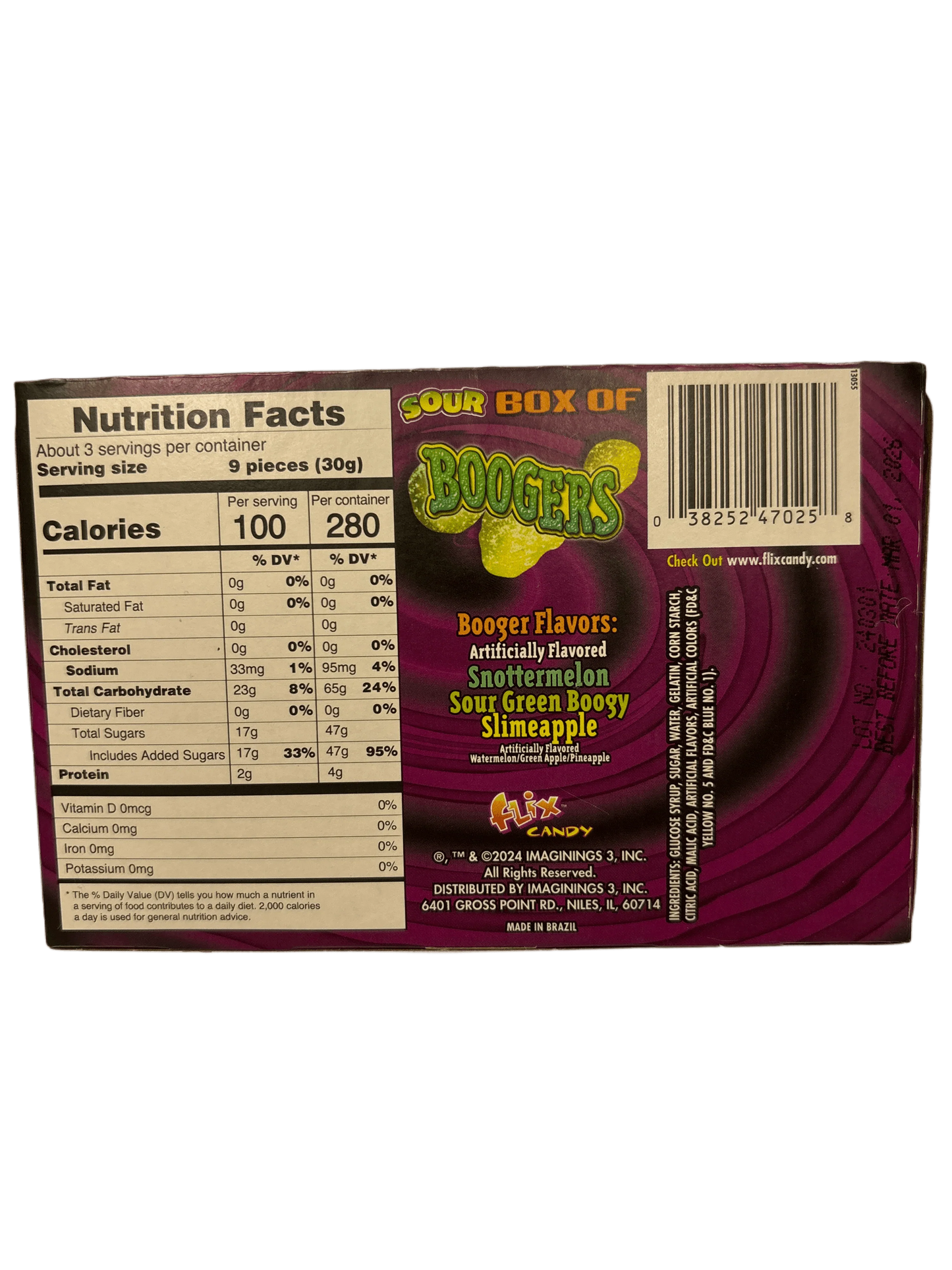 Sour Box of Boogers exotic candy box with nutrition facts, booger flavors, and barcode visible.