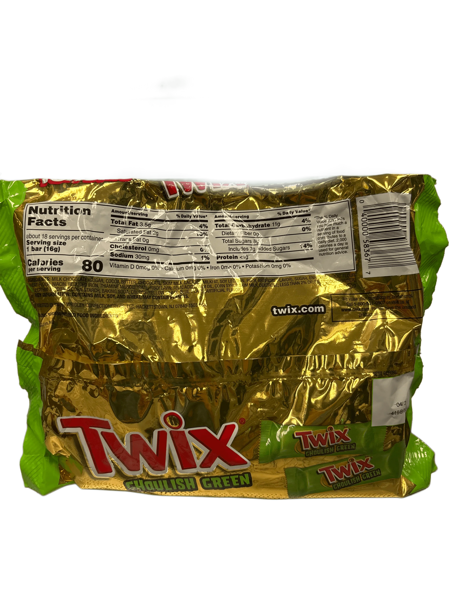 Twix Ghoulish Green candy bag with nutrition facts and gold-green packaging