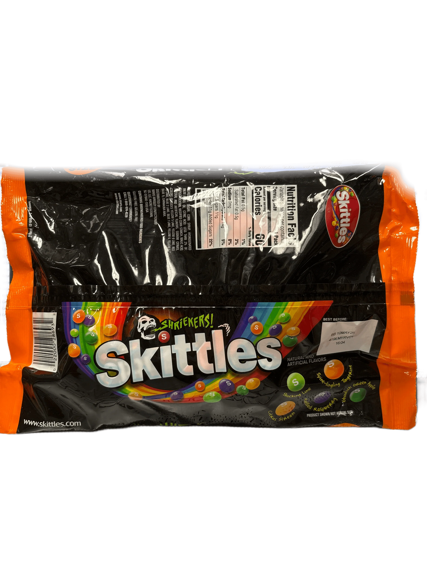 Shriekers Skittles candy bag with colorful sour fruit candies and nutrition facts