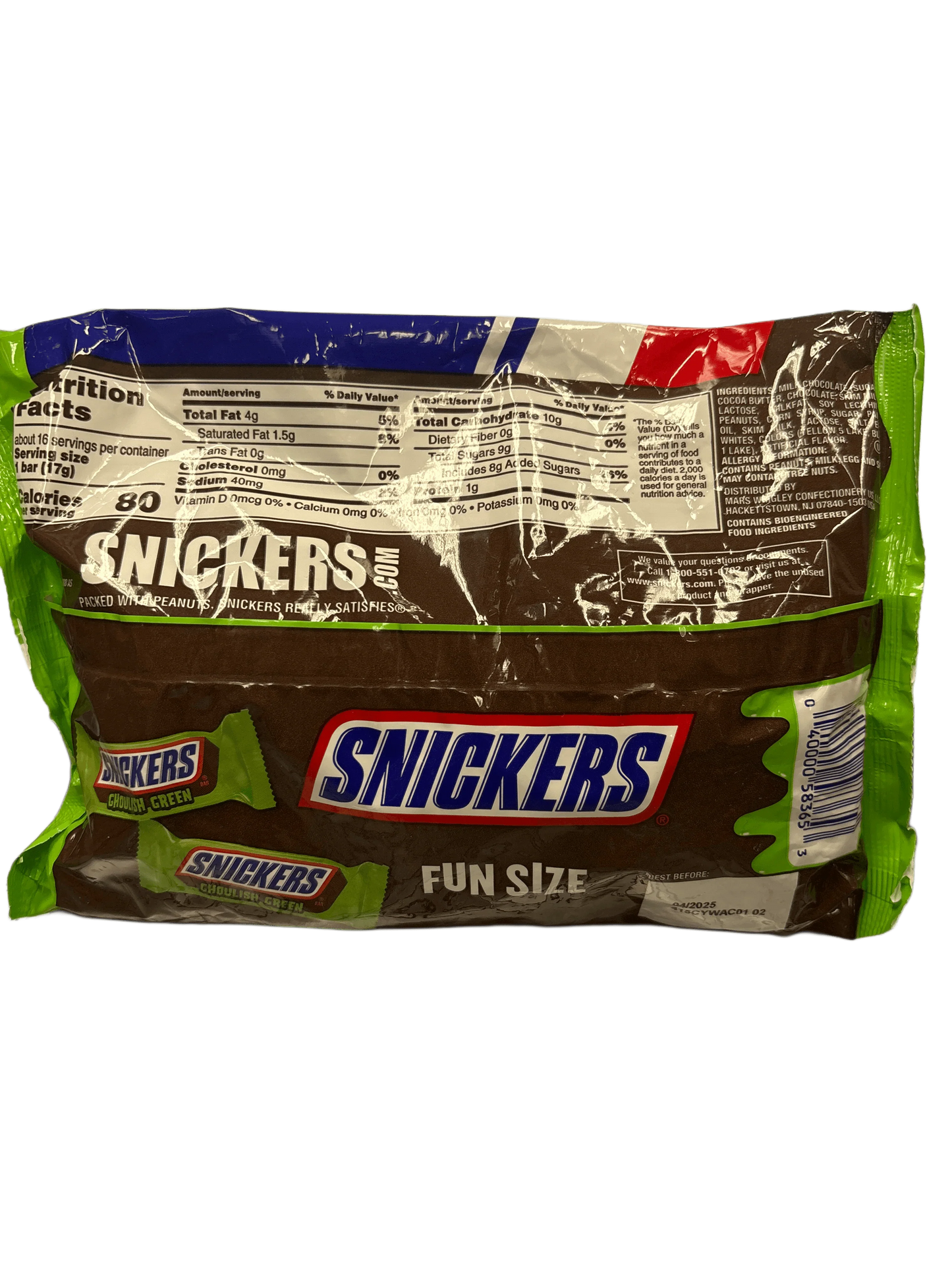 Snickers Ghoulish Green fun size candy bag with nutrition facts and green-themed wrapper