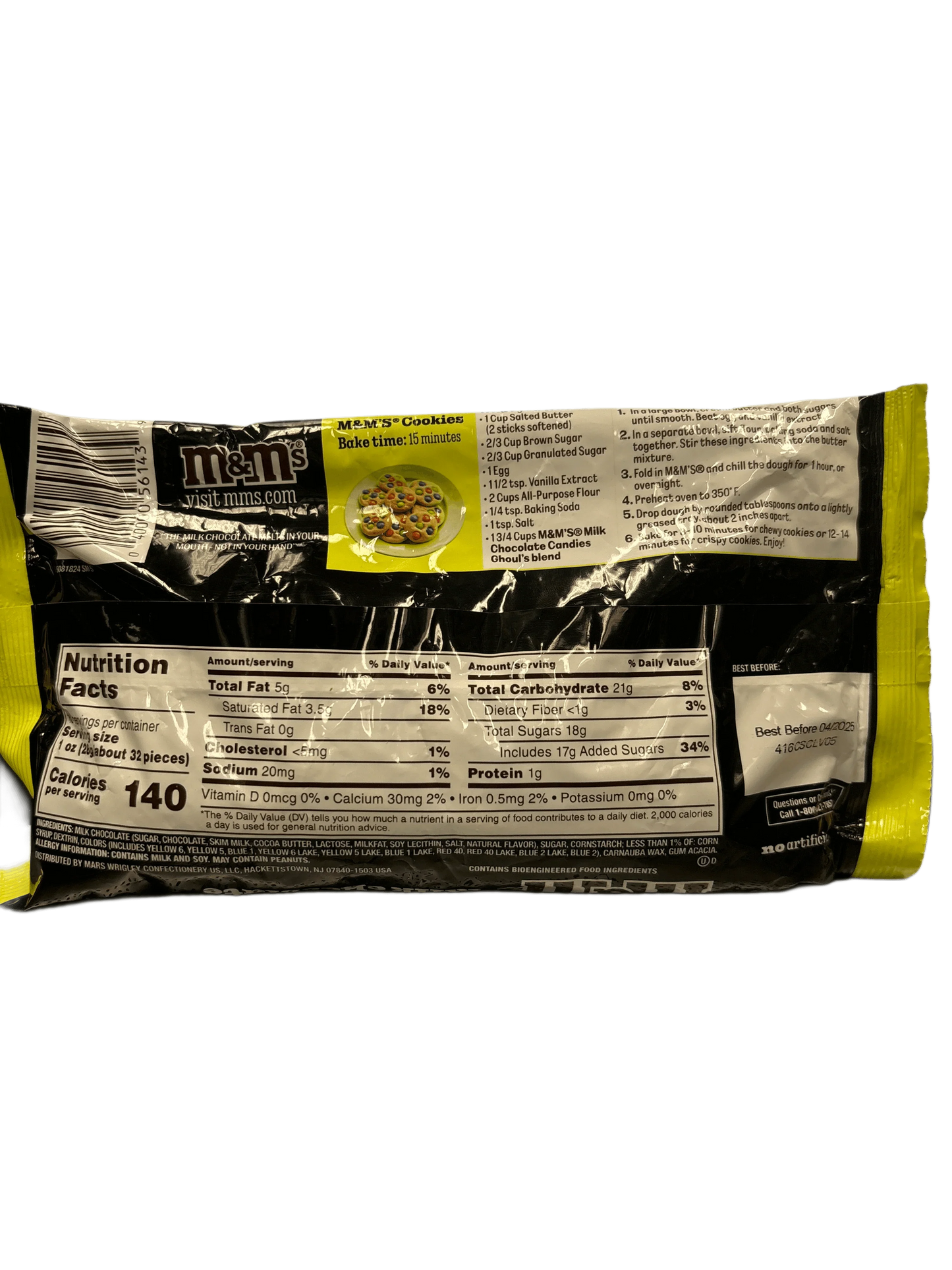 M&M's candy package back with nutrition facts, cookie recipe, and best before date
