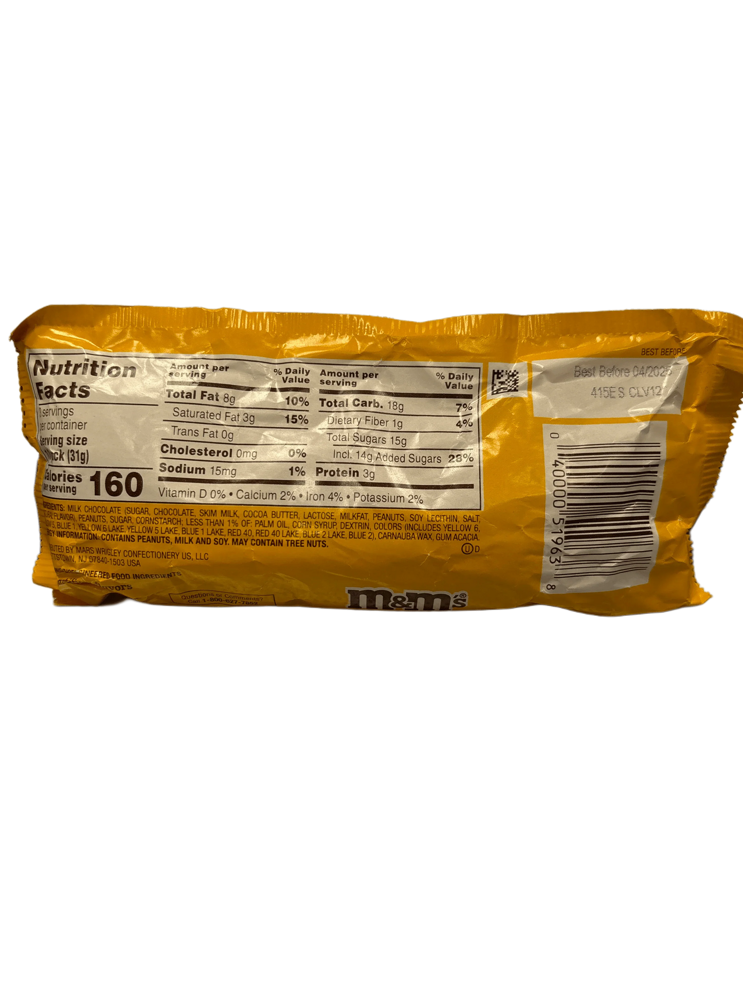 Back of yellow candy snack pack with nutrition facts and ingredients label visible