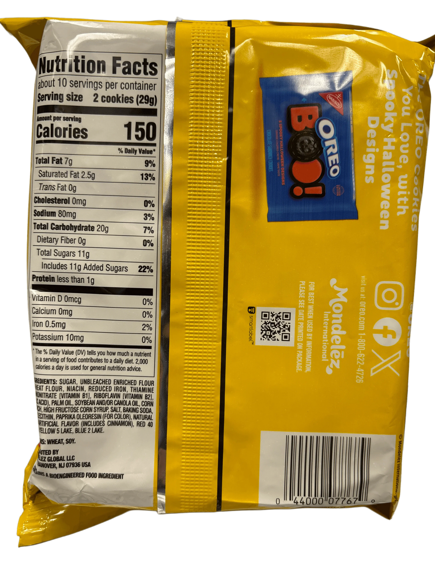 Back of Oreo Boo cookies package with nutrition facts, ingredients, and Halloween design