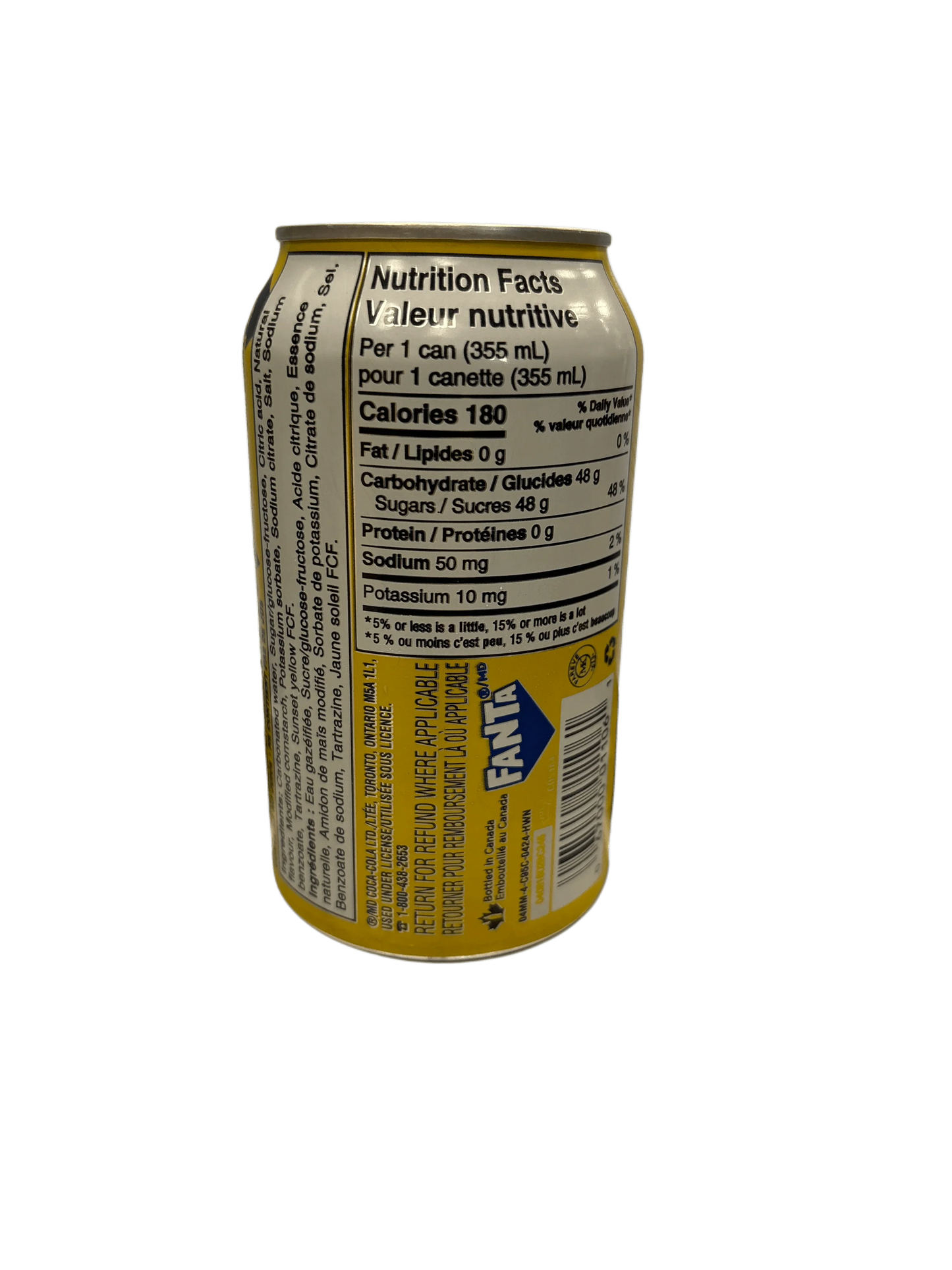 Yellow Fanta soda can with bilingual nutrition facts and ingredient label, exotic drink